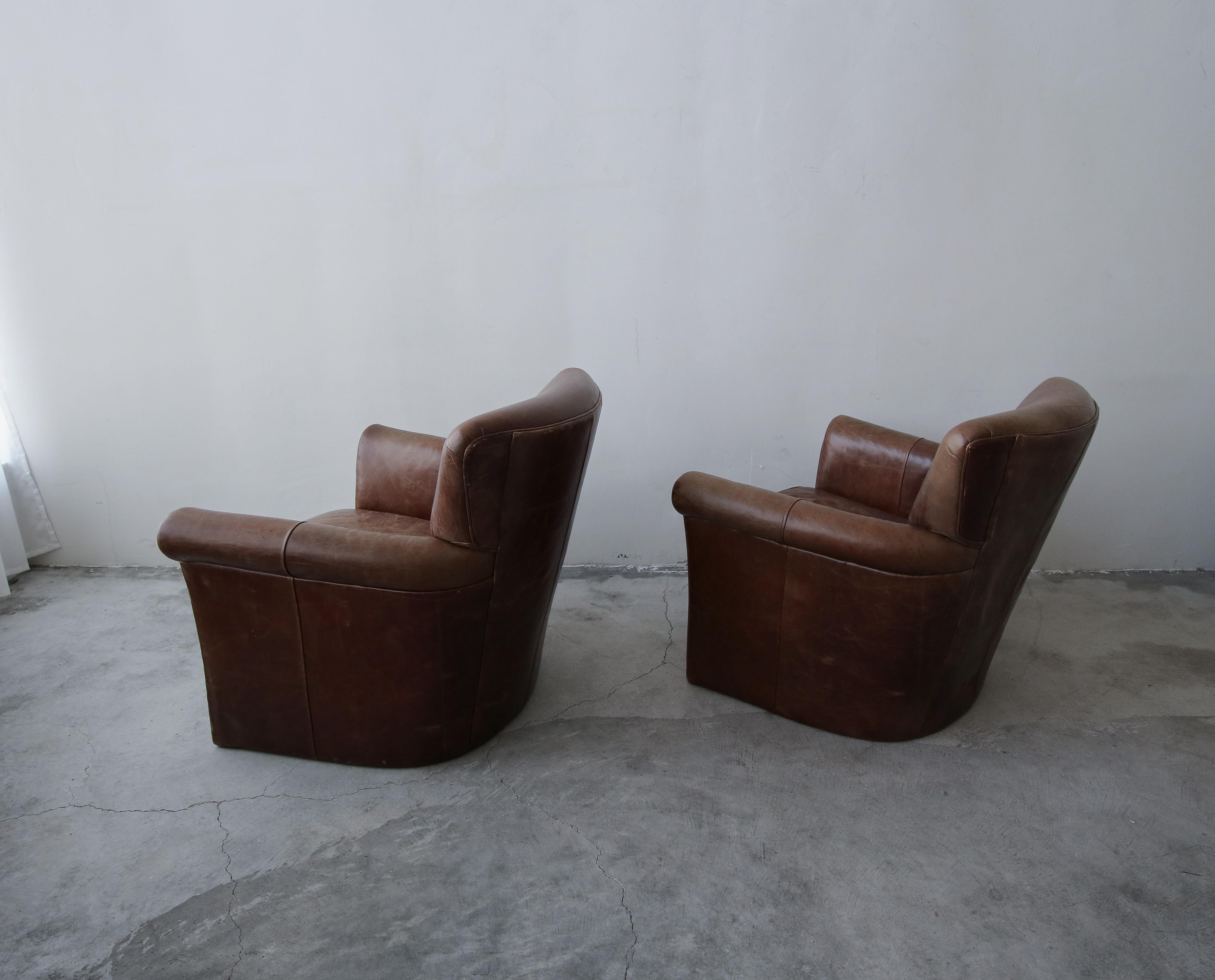 Pair of French Deco Style Patinaed Leather Club Lounge Chairs 1