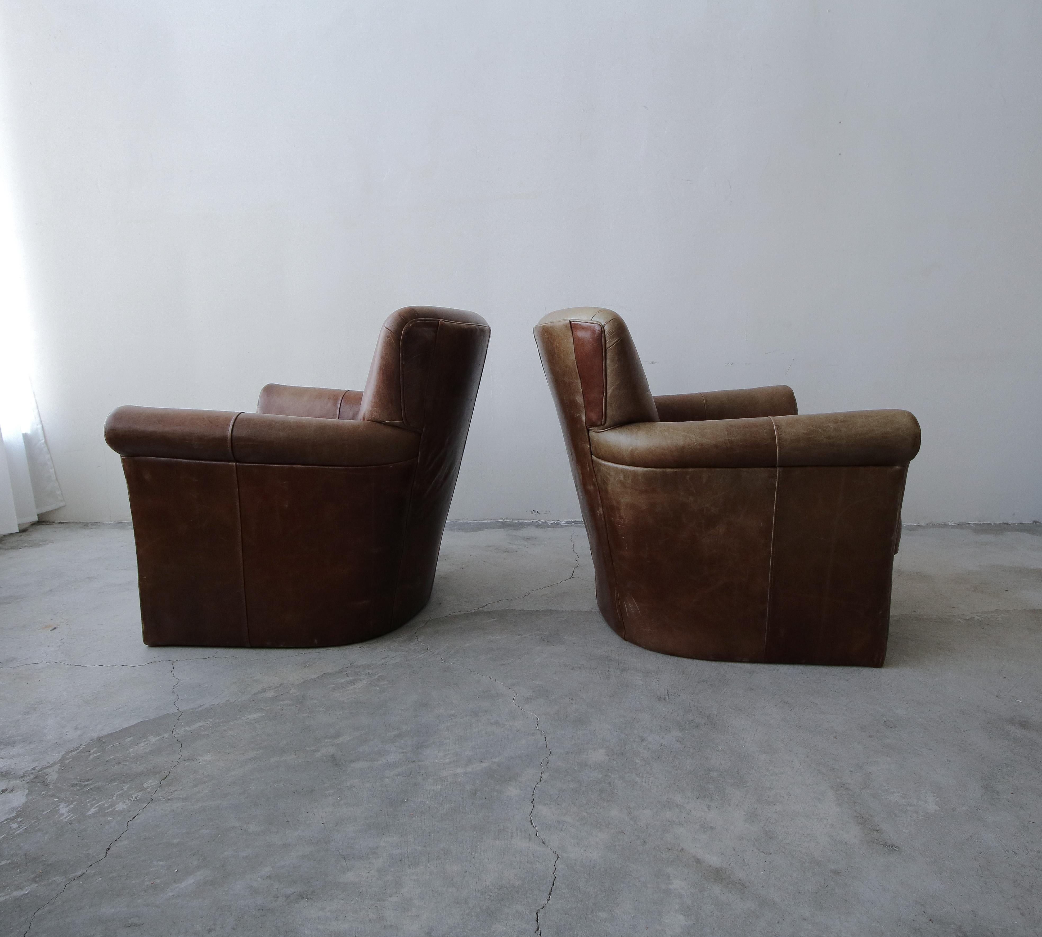 Pair of French Deco Style Patinaed Leather Club Lounge Chairs 2