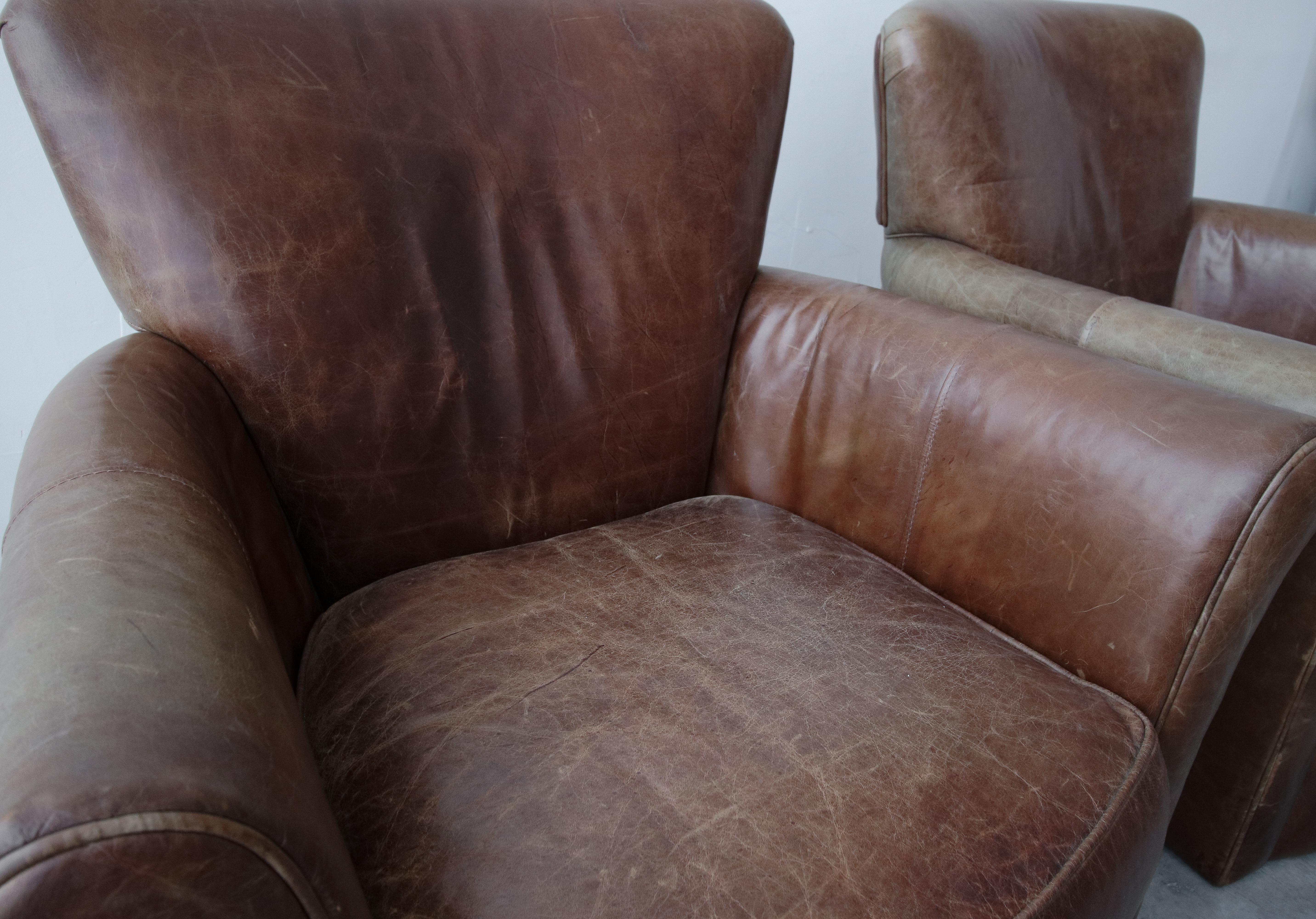 Pair of French Deco Style Patinaed Leather Club Lounge Chairs 4