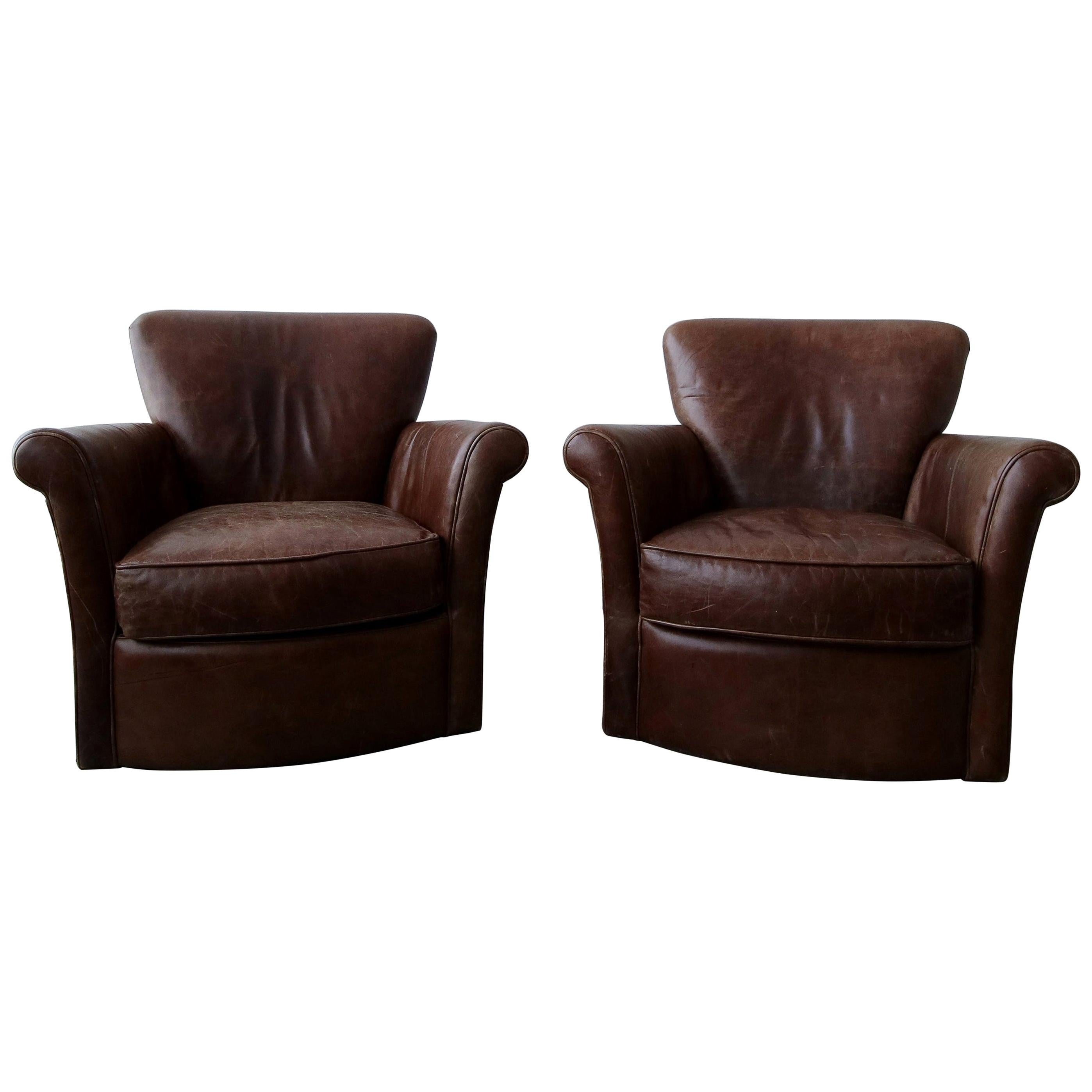 Pair of French Deco Style Patinaed Leather Club Lounge Chairs