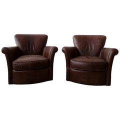 Vintage Pair of French Deco Style Patinaed Leather Club Lounge Chairs
