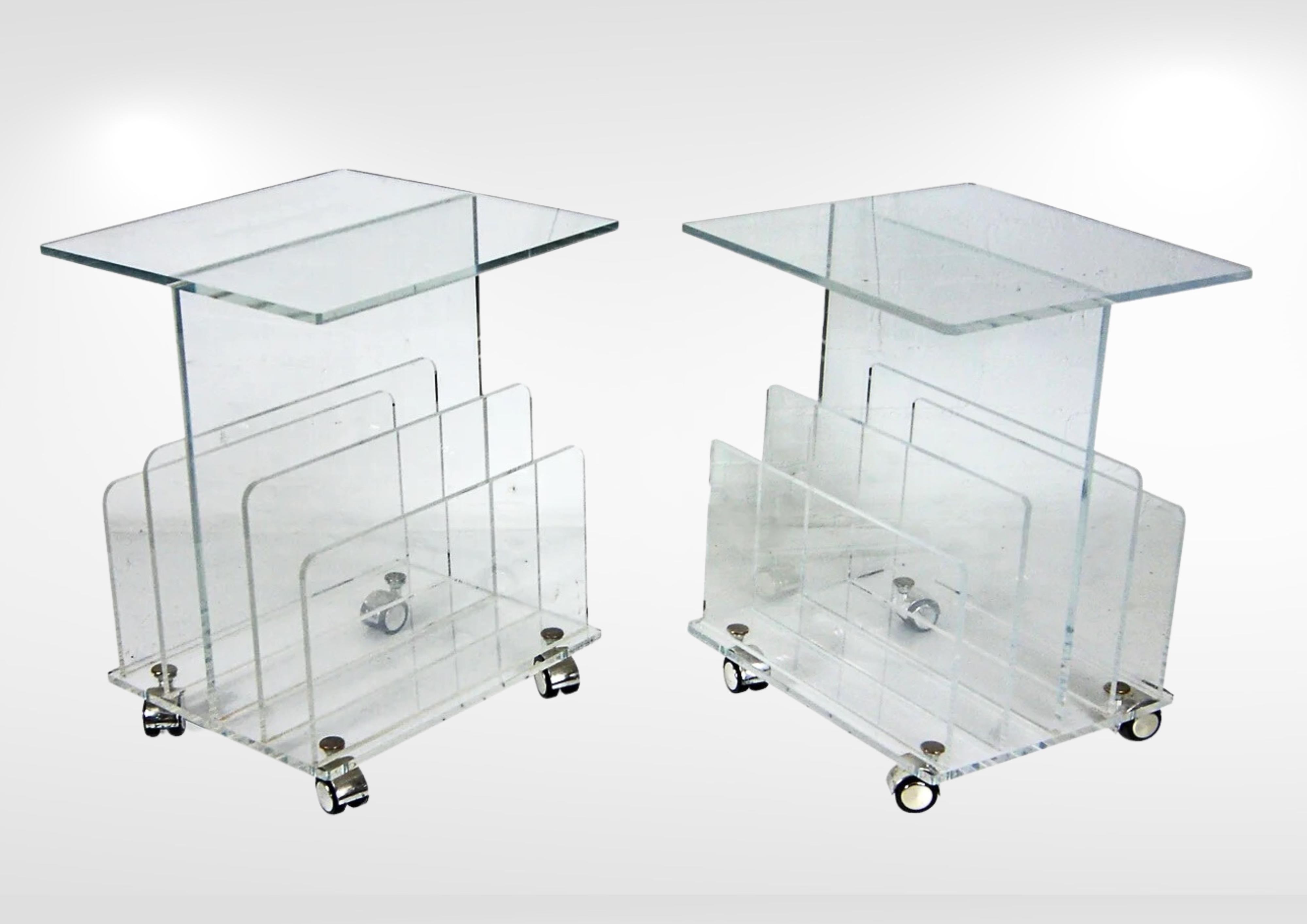 Molded Pair of French Design Clear Lucite Acrylic Side Tables with Magazine Racks For Sale