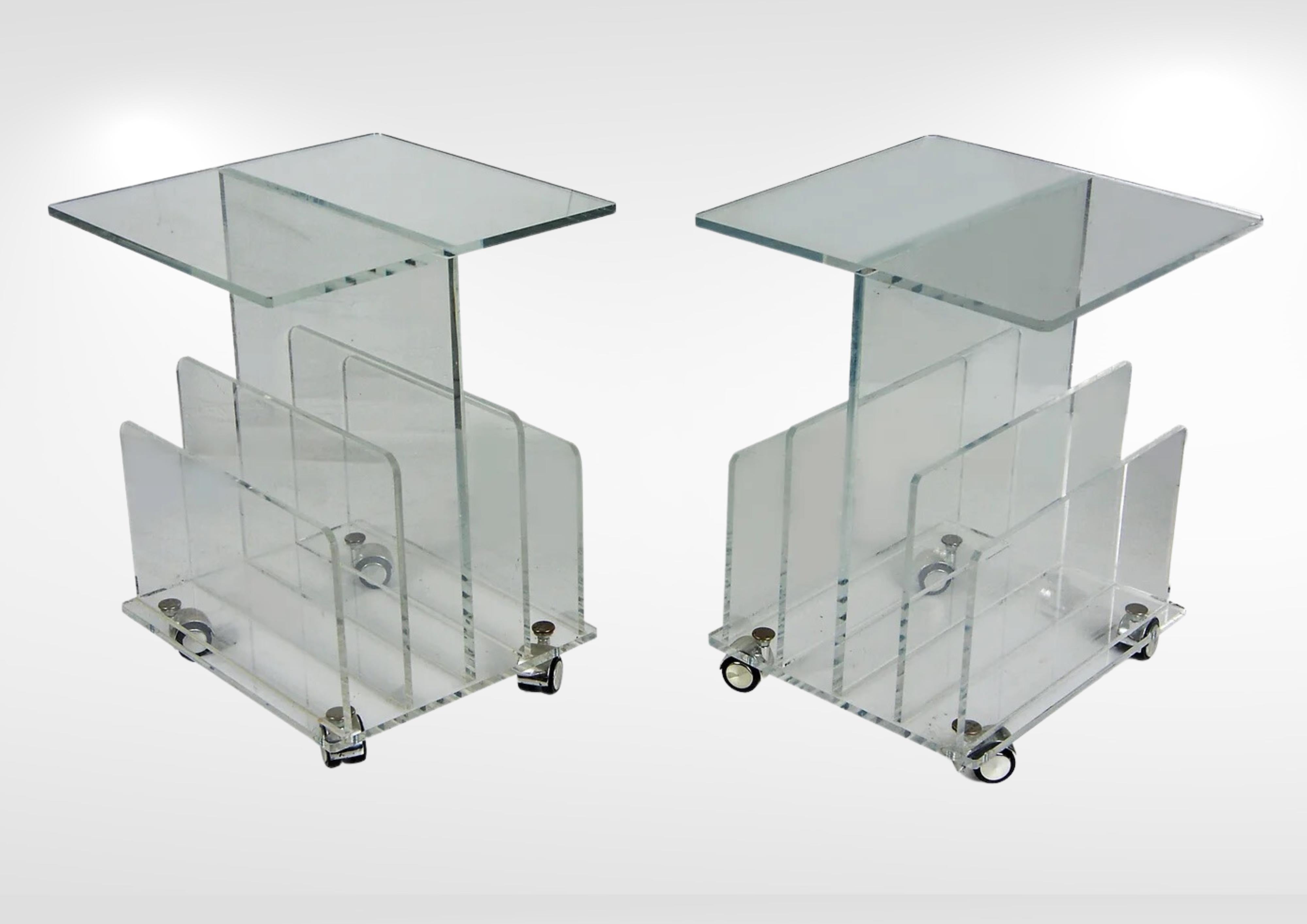 Pair of French Design Clear Lucite Acrylic Side Tables with Magazine Racks For Sale 3