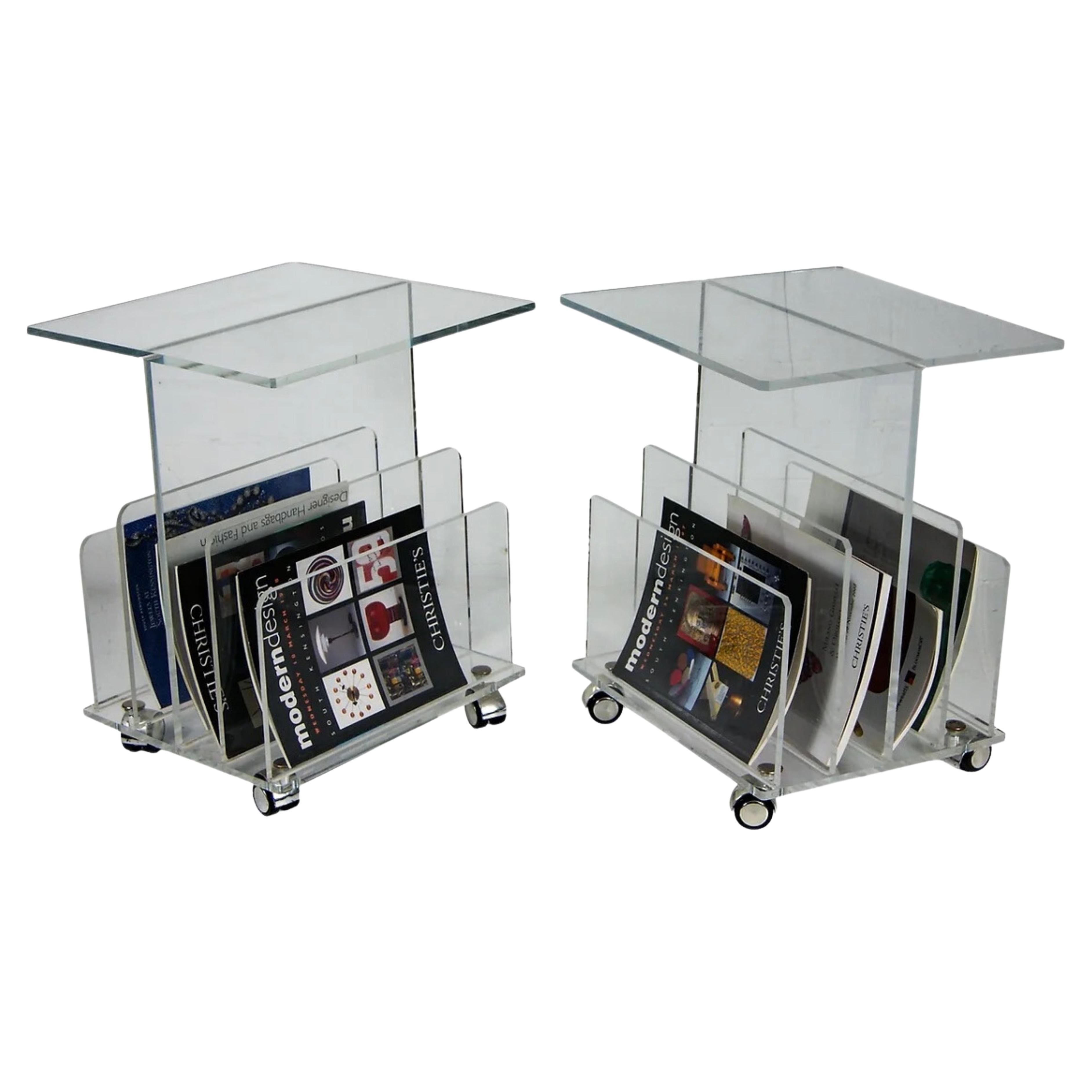Pair of French Design Clear Lucite Acrylic Side Tables with Magazine Racks For Sale
