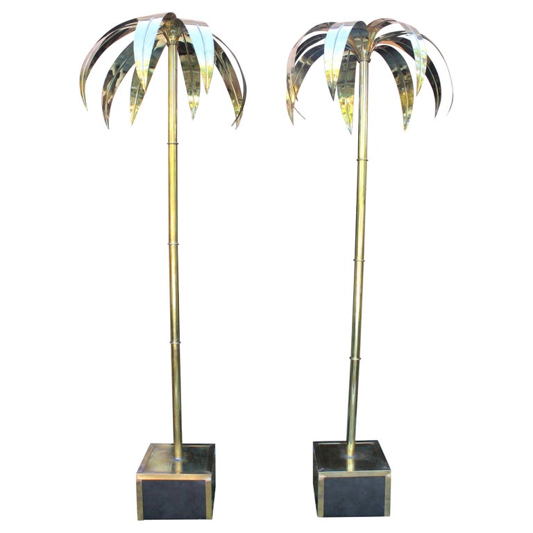 Pair of French Designed Gilded Brass Decorative Palm Trees with Base at 1stDibs
