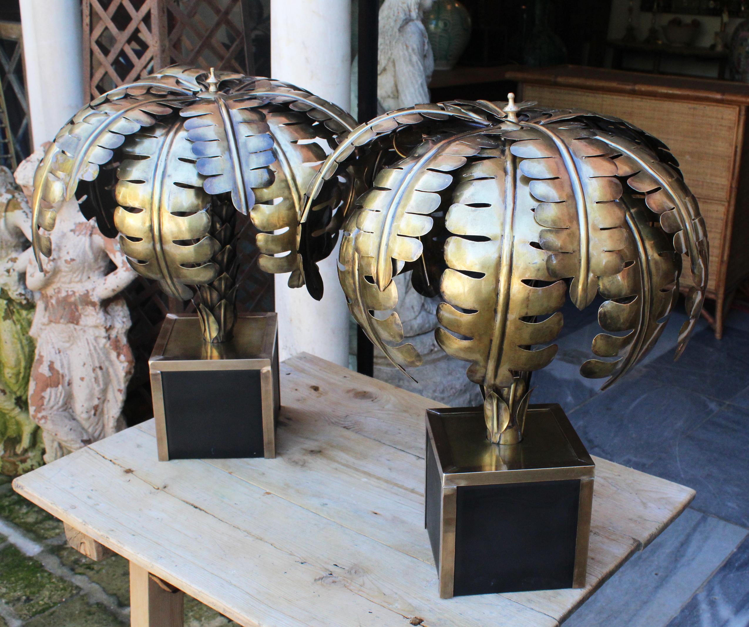 Contemporary Pair of French Designed Gilded Brass Palm Tree Standing Lamps