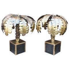 Pair of French Designed Gilded Brass Palm Tree Standing Lamps