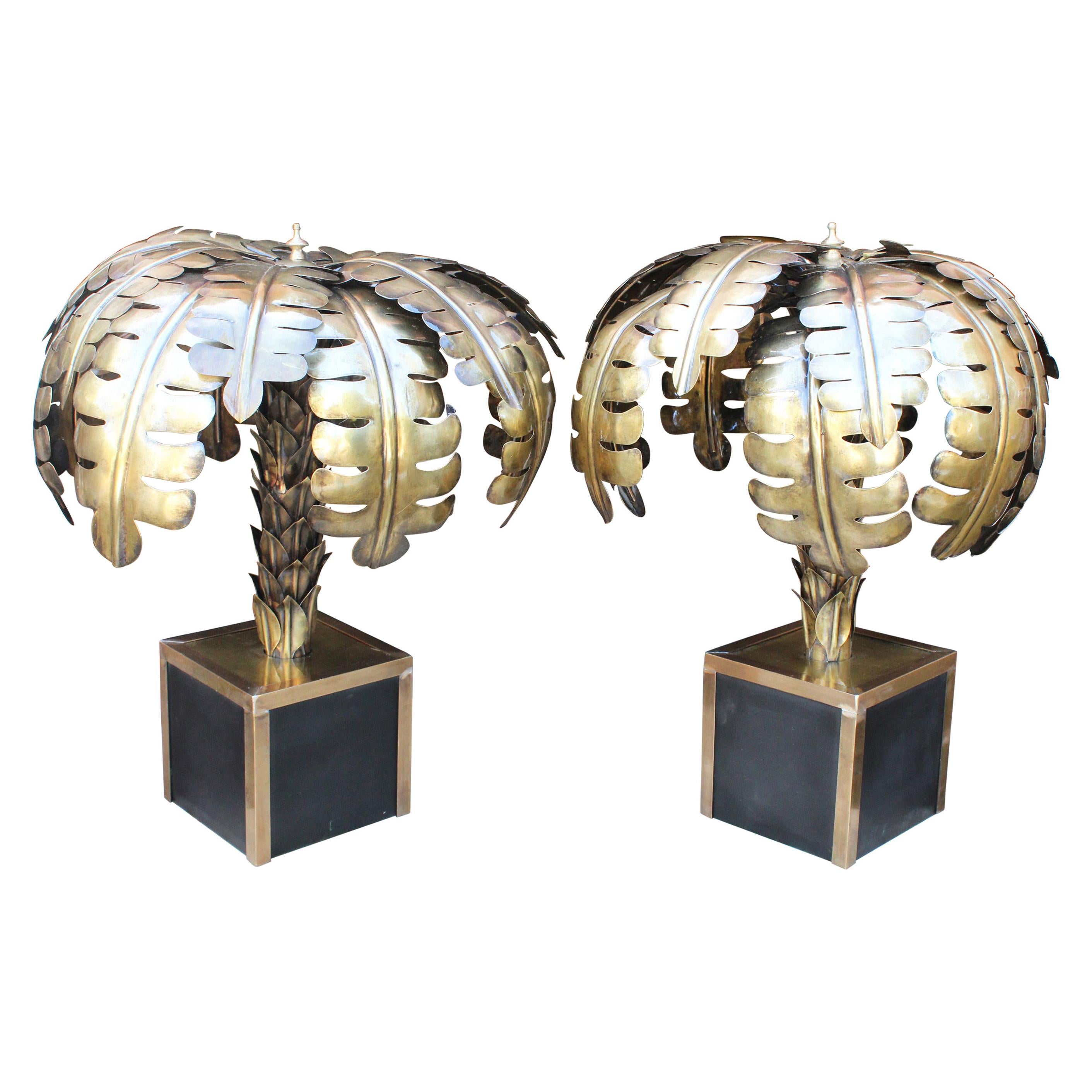 Pair of French Designed Gilded Brass Palm Tree Standing Lamps