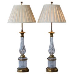 Antique Pair of French Diamond Pattern Cut Crystal and Gilt Bronze Table Lamps