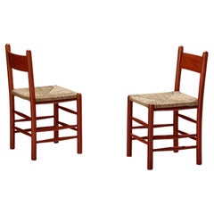 Vintage Pair of French Dining Chairs with Red Wooden Frame and Straw Seats 