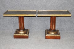 Pair of French Directiore Style Marble Top Pedestal & Brass Mounts End Tables