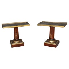 Pair of French Directiore Style Marble Top Pedestal & Brass Mounts End Tables