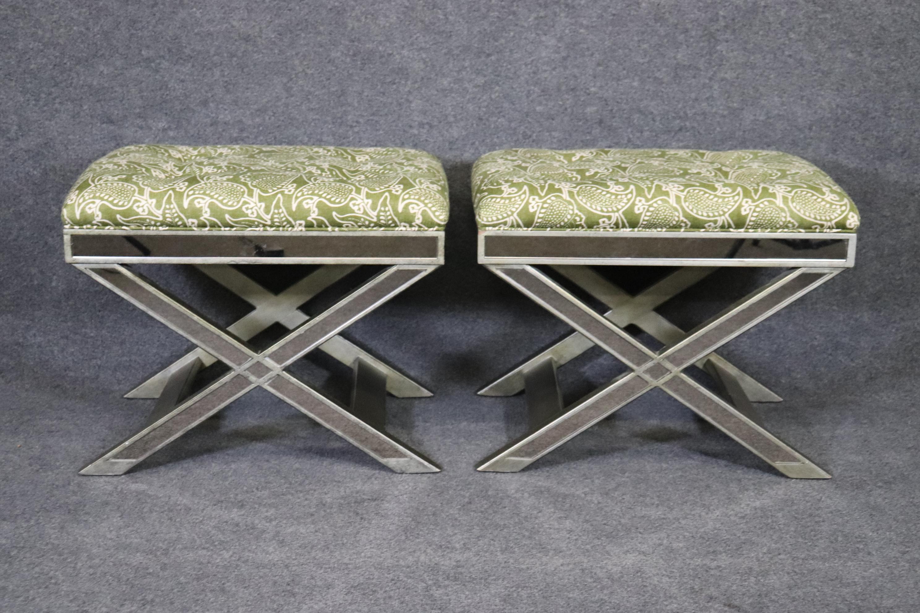 This is an exceptional pair of Regency style Mirrored X Benches! They are super high quality and are made from high quality materials. They mirrored Panels add a unique touch that not many other benches will have. They have green and white