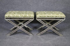 Pair of French Directoire Hollywood Regency Mirrored X Form Benches Stools