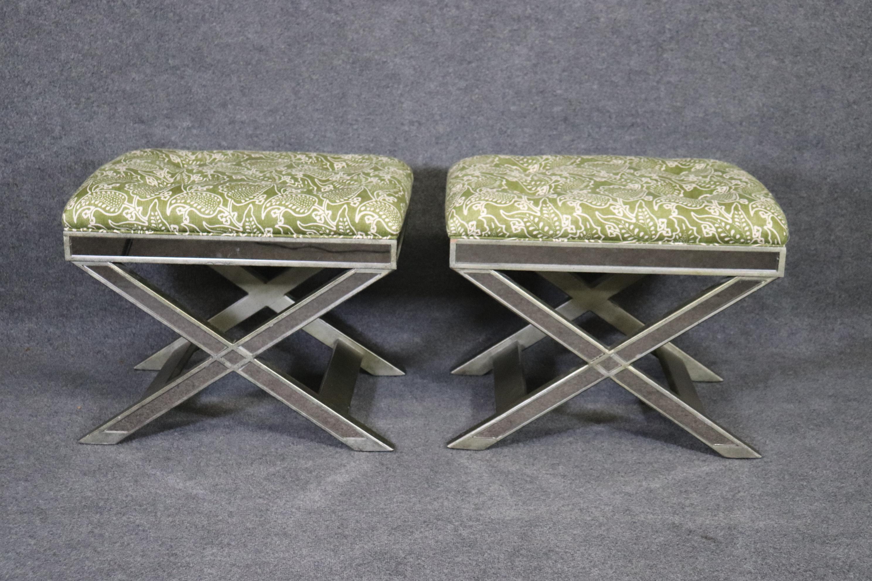 Pair of French Directoire Hollywood Regency Mirrored X Form Benches Stools In Good Condition For Sale In Swedesboro, NJ