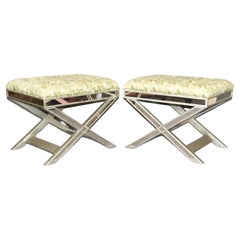 Pair of French Directoire Hollywood Regency Mirrored X Form Benches Stools