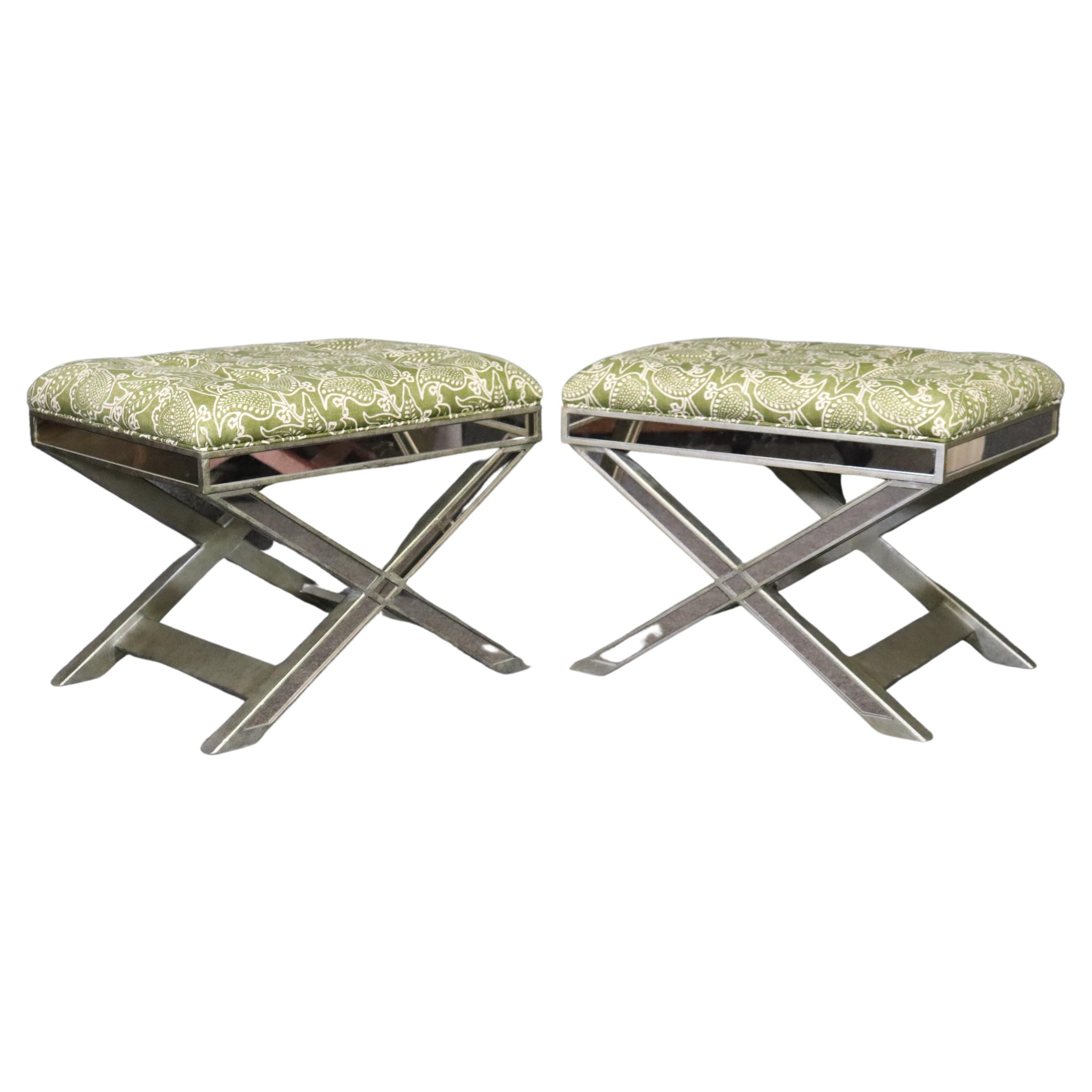 Pair of French Directoire Hollywood Regency Mirrored X Form Benches Stools For Sale