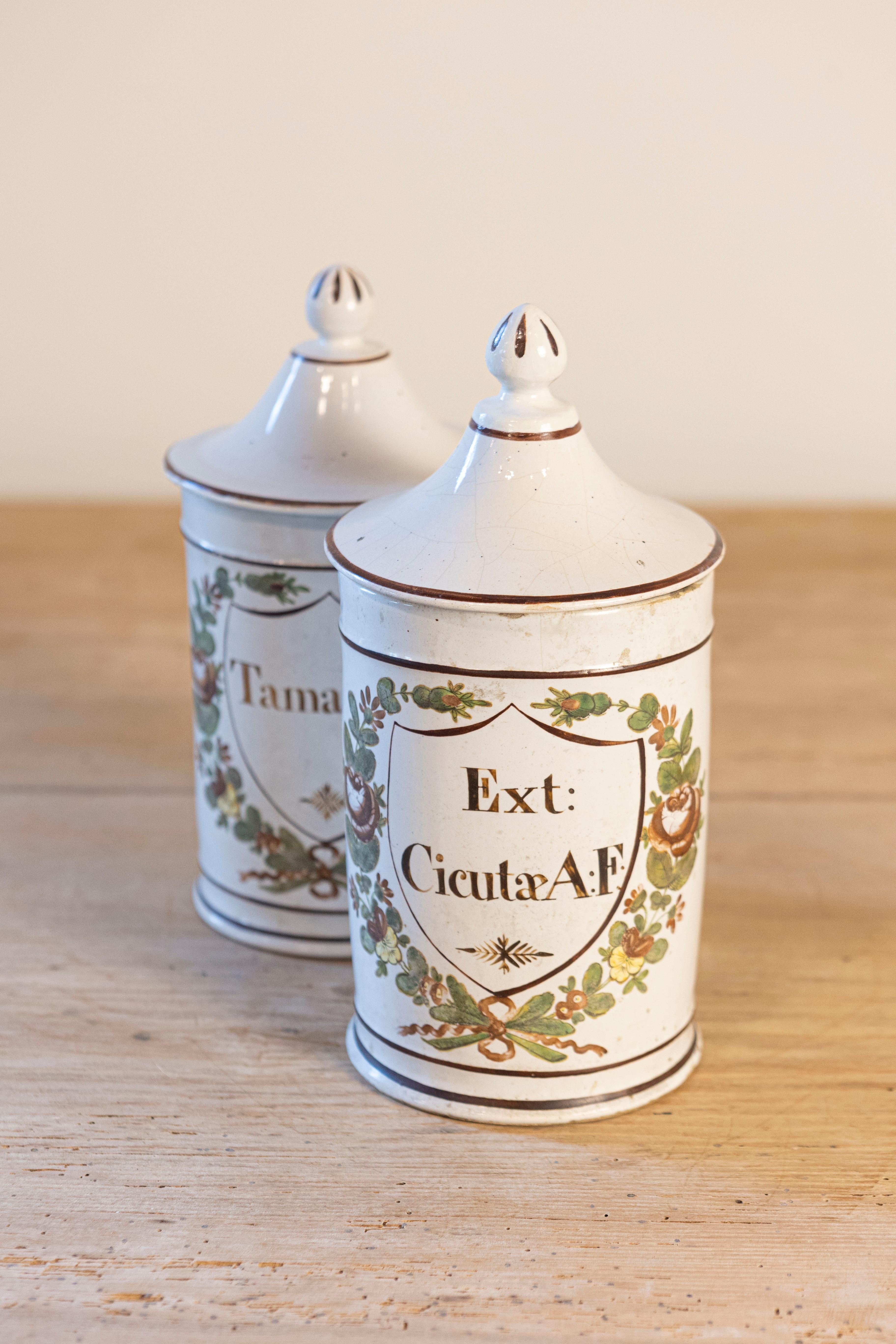 Français Paire de pots d'apothicaire à couvercle du Directoire français de la fin du 18e siècle avec étiquettes en vente
