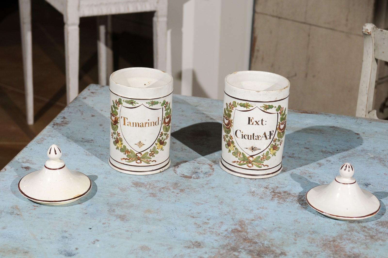 Hand-Painted Pair of French Directoire Late 18th Century Lidded Apothecary Jars with Labels For Sale