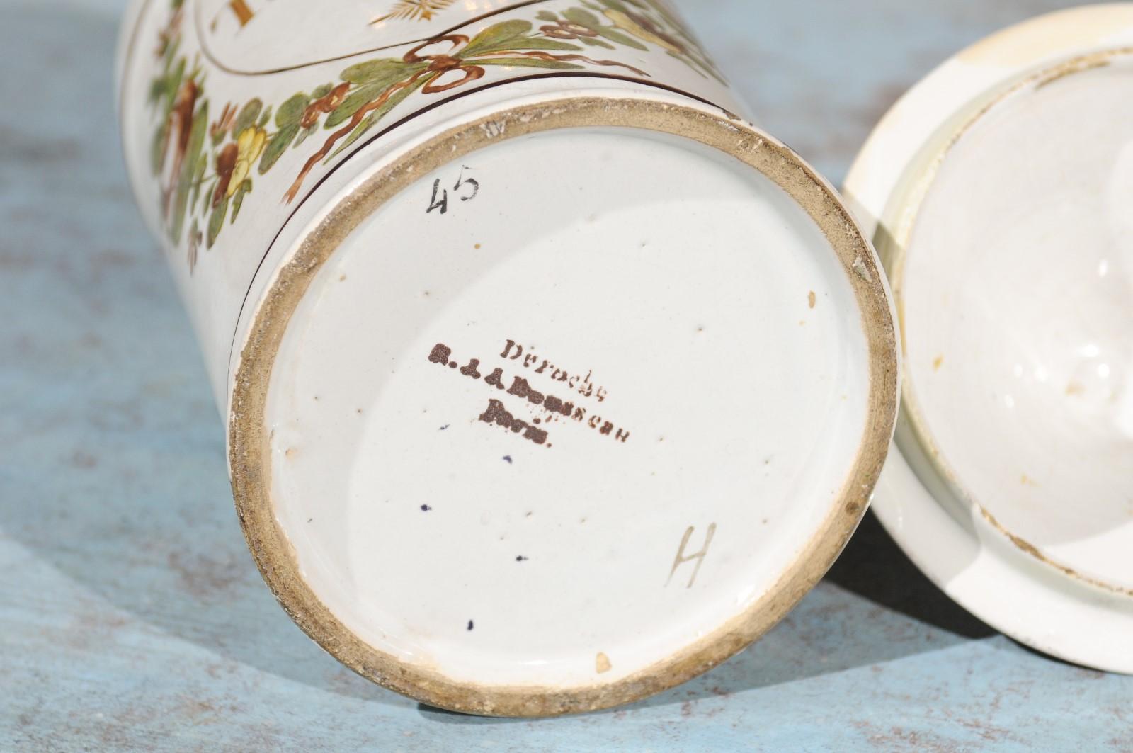 Hand-Painted Pair of French Directoire Late 18th Century Lidded Apothecary Jars with Labels For Sale