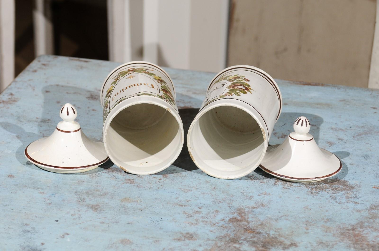 Pair of French Directoire Late 18th Century Lidded Apothecary Jars with Labels In Good Condition For Sale In Atlanta, GA