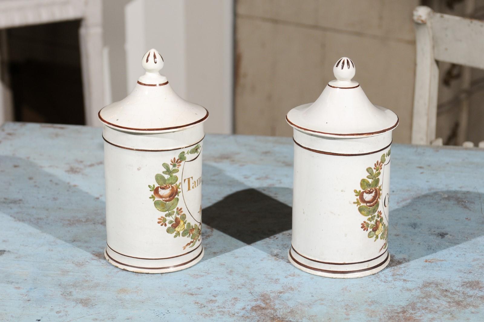 Ceramic Pair of French Directoire Late 18th Century Lidded Apothecary Jars with Labels For Sale