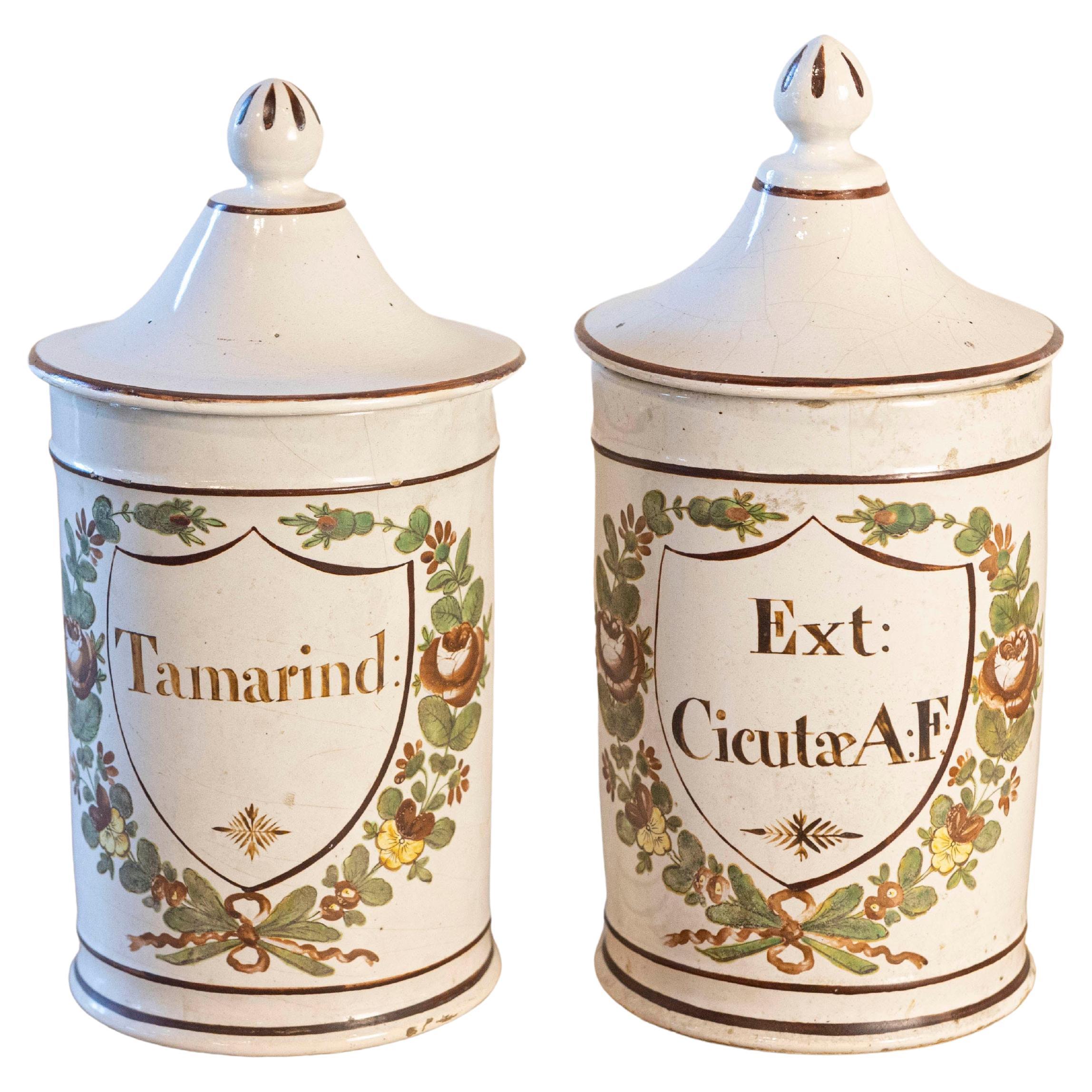 Pair of French Directoire Late 18th Century Lidded Apothecary Jars with Labels