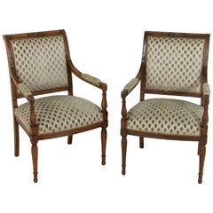 Pair of French Directoire Period Hand-Carved Walnut Armchairs, circa 1800