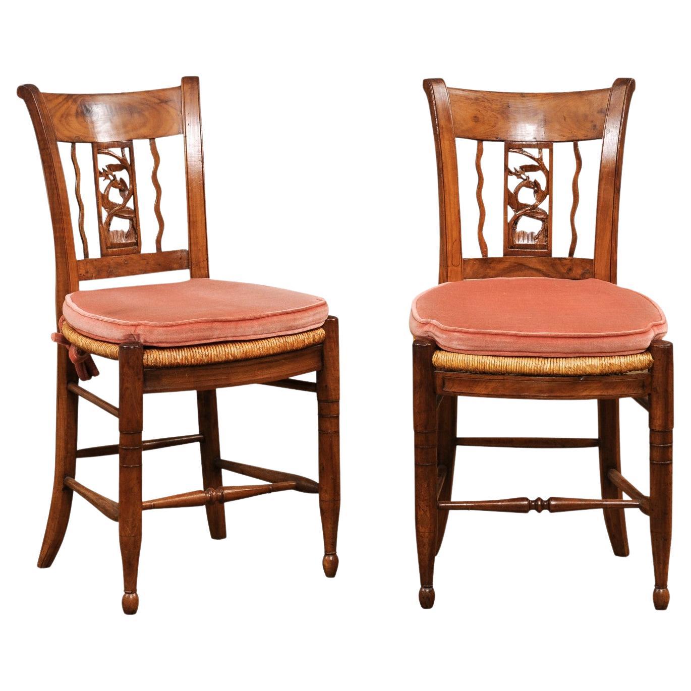 Pair of French Directoire Period Walnut Side Chairs with Carved Stags For Sale