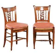 Antique Pair of French Directoire Period Walnut Side Chairs with Carved Stags