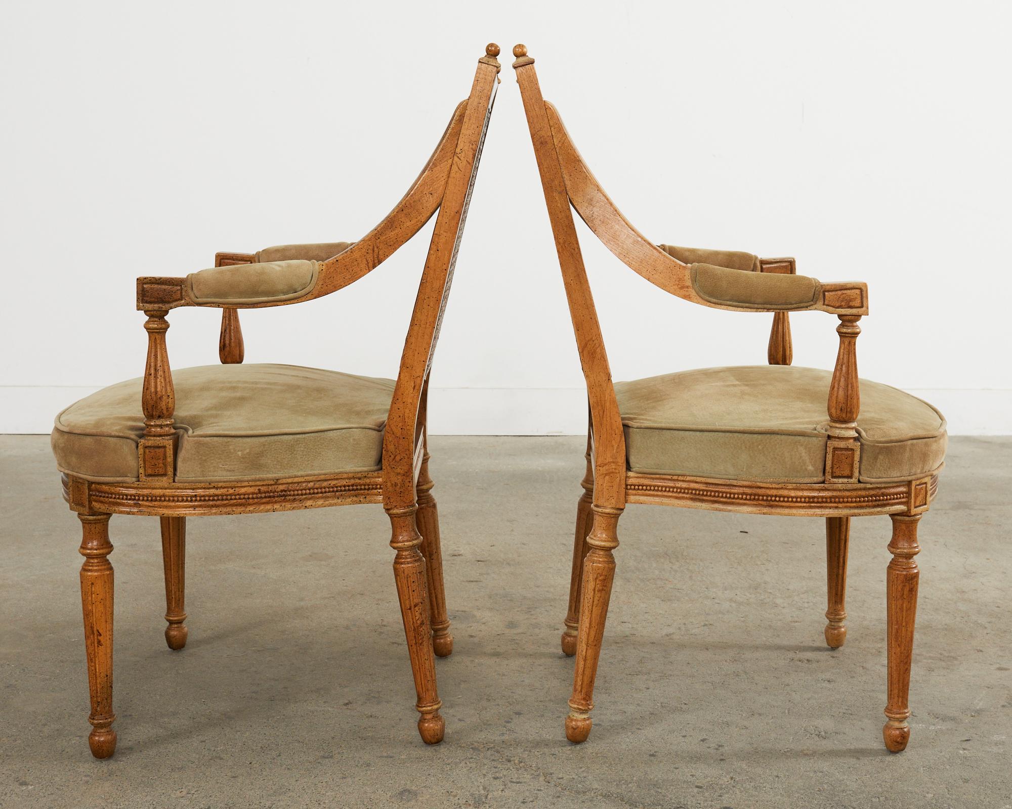 Pair of French Directoire Style Caned Suede Armchair Fauteuils 7