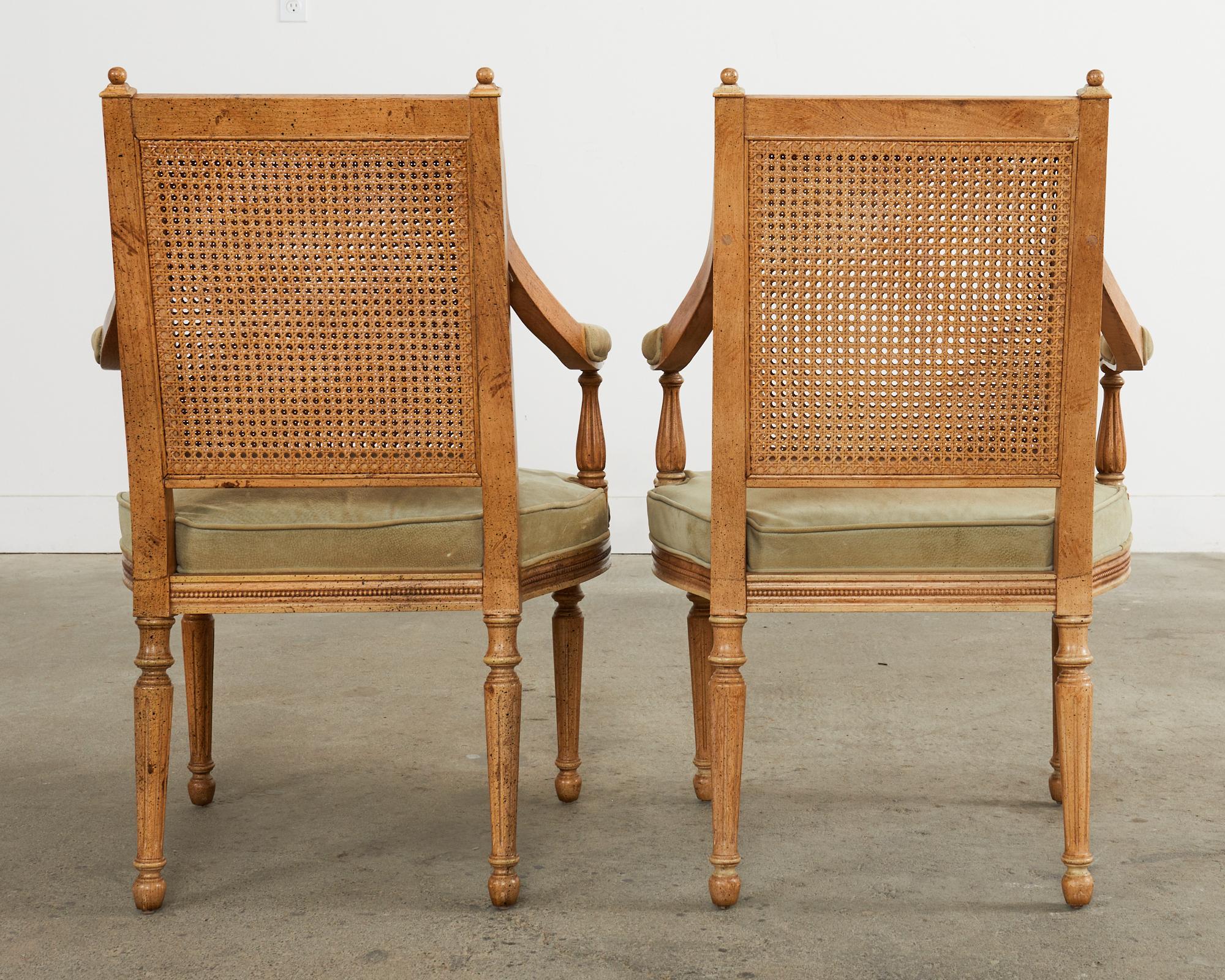 Pair of French Directoire Style Caned Suede Armchair Fauteuils 15