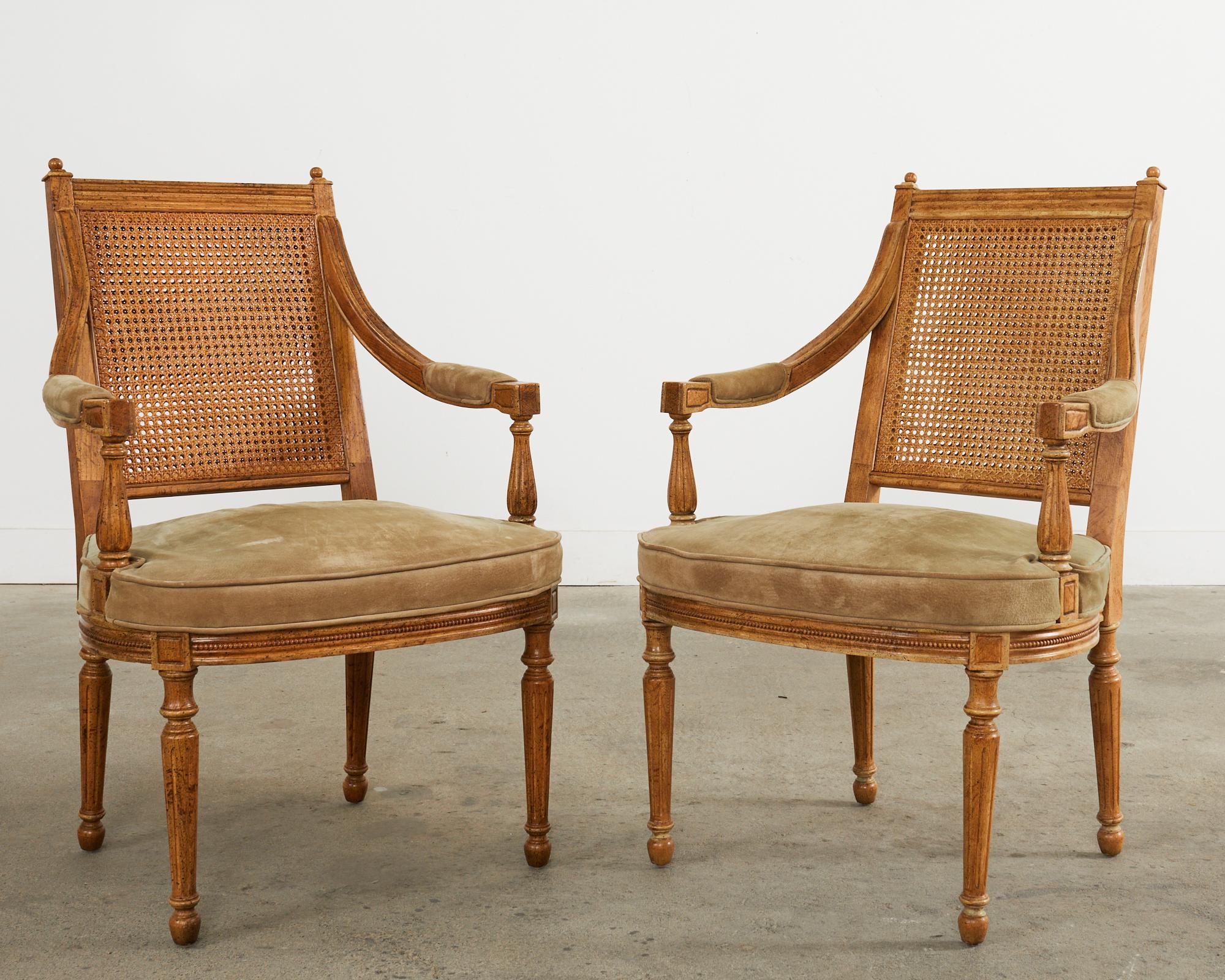 American Pair of French Directoire Style Caned Suede Armchair Fauteuils