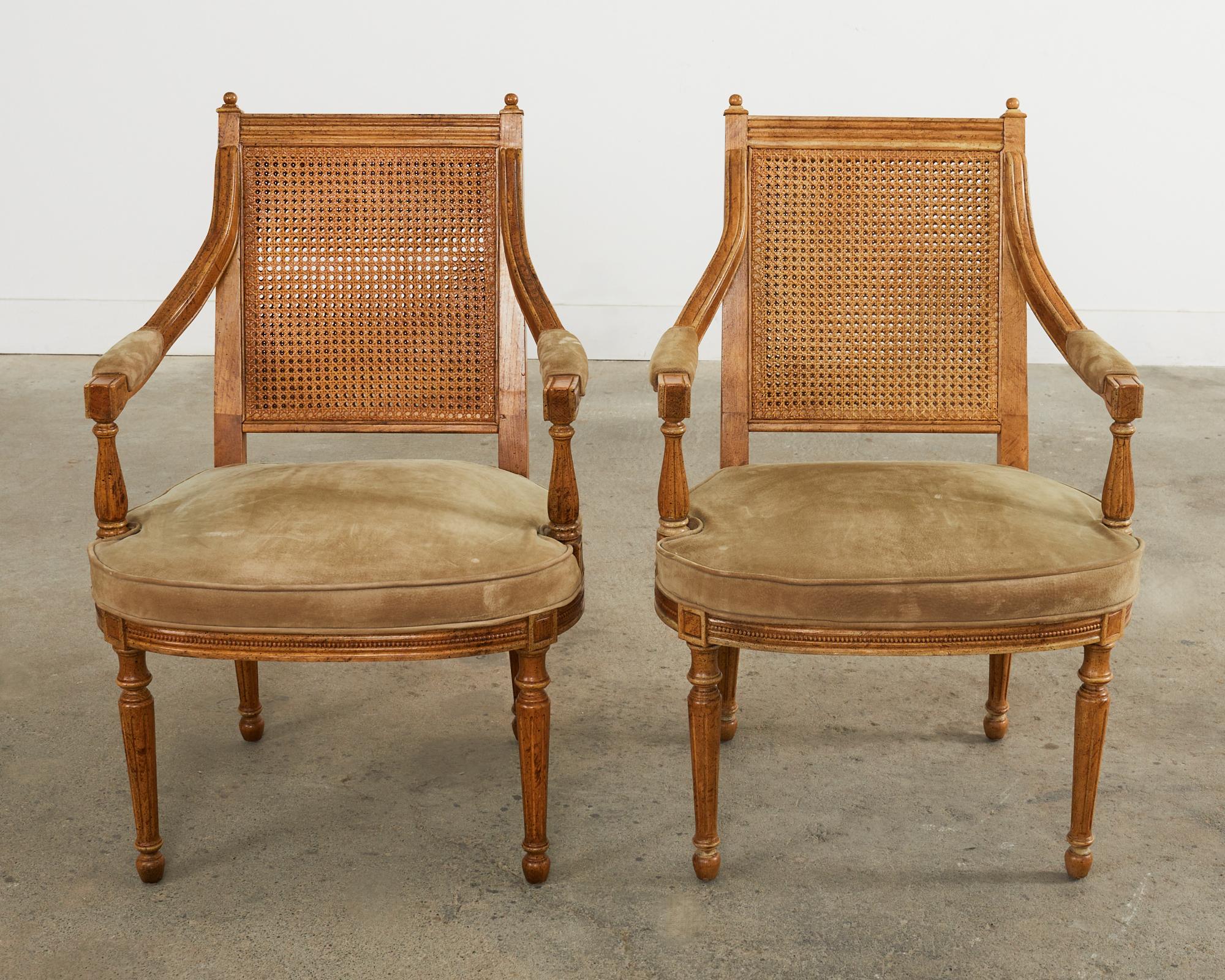 Pair of French Directoire Style Caned Suede Armchair Fauteuils In Good Condition In Rio Vista, CA