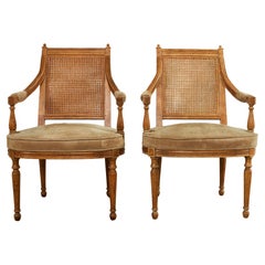 Pair of French Directoire Style Caned Suede Armchair Fauteuils