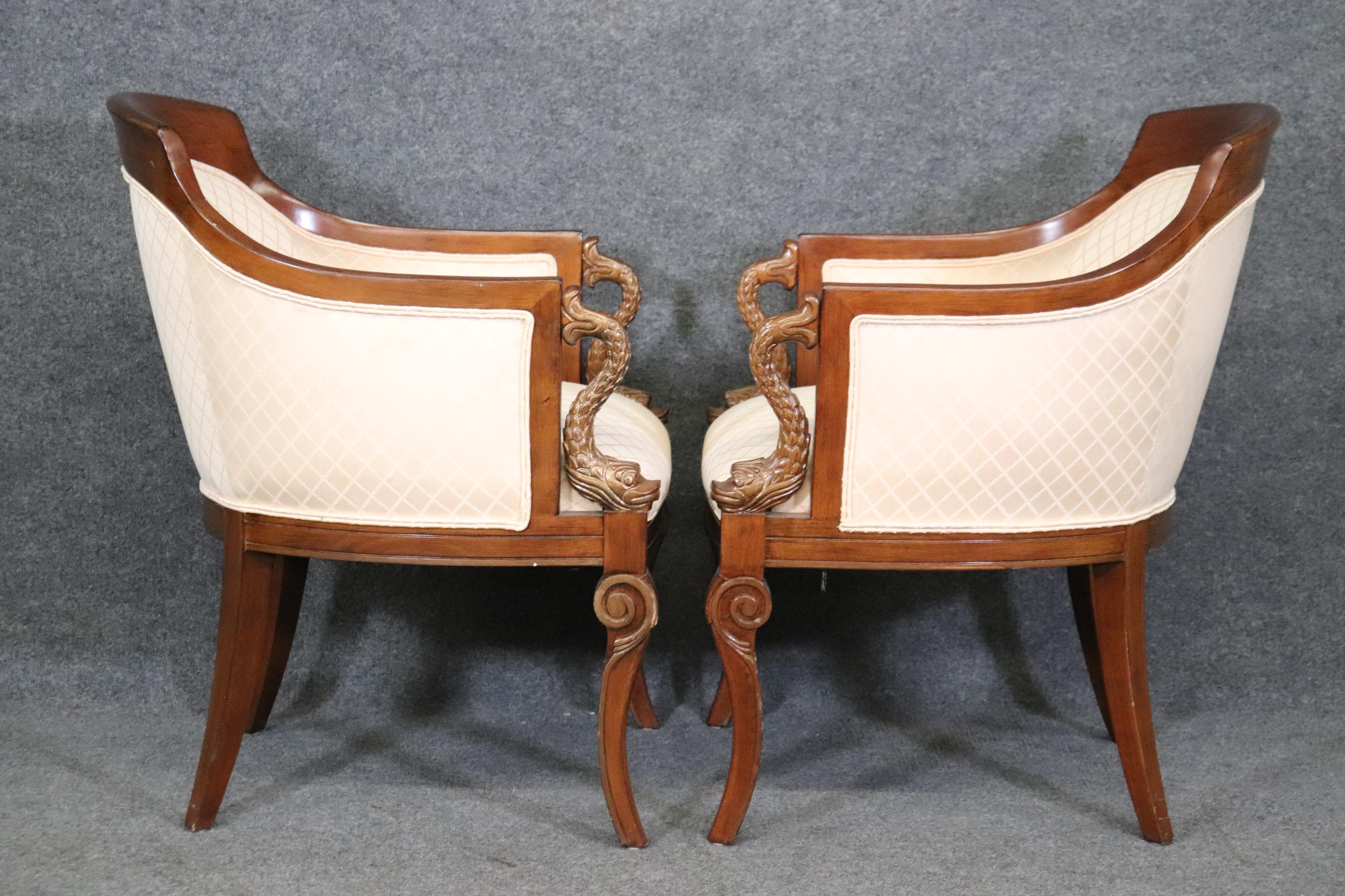 Pair of French Directoire Style Carved Dolphin Mahogany Club Chairs Circa 1970 In Good Condition For Sale In Swedesboro, NJ