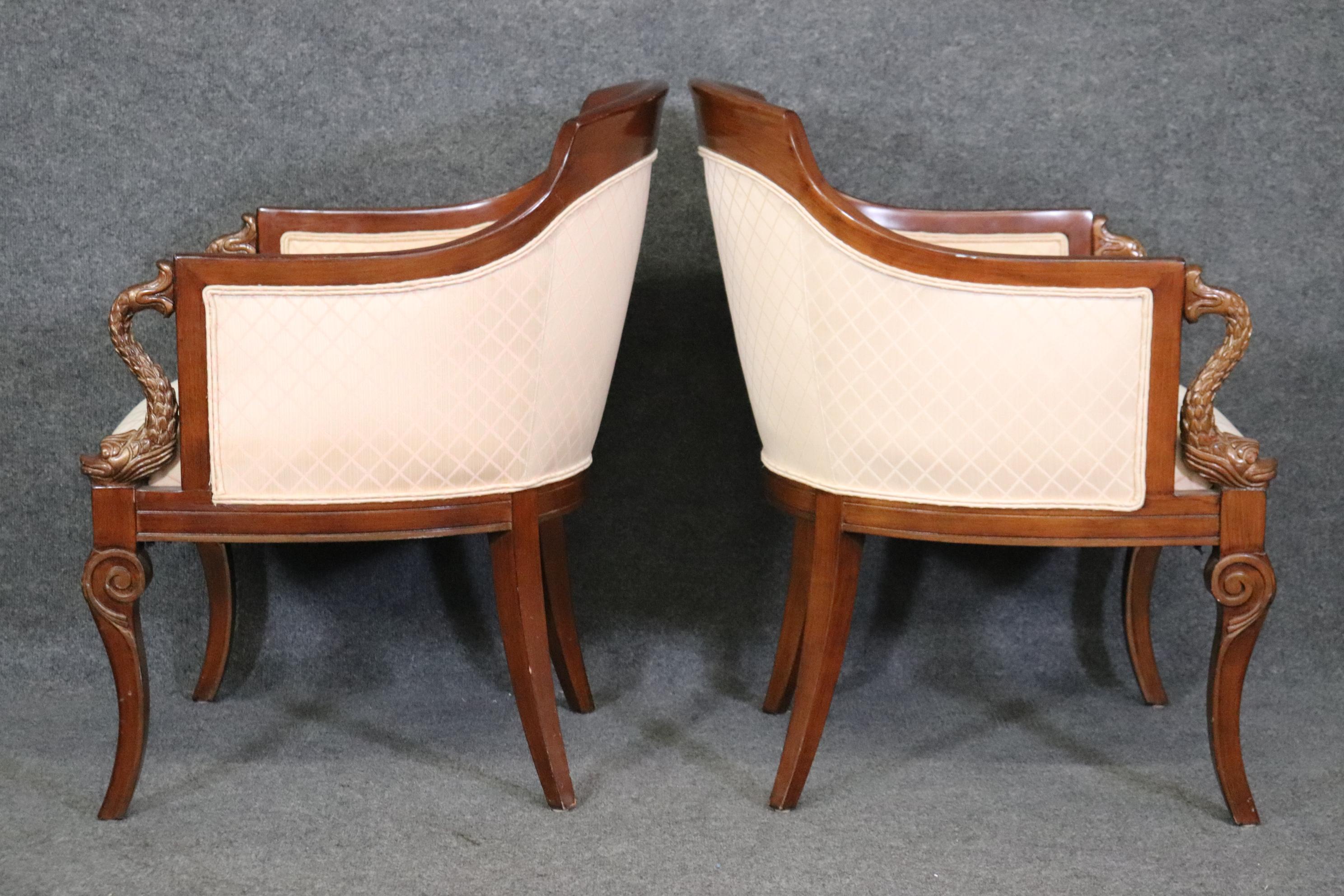 Late 20th Century Pair of French Directoire Style Carved Dolphin Mahogany Club Chairs Circa 1970 For Sale