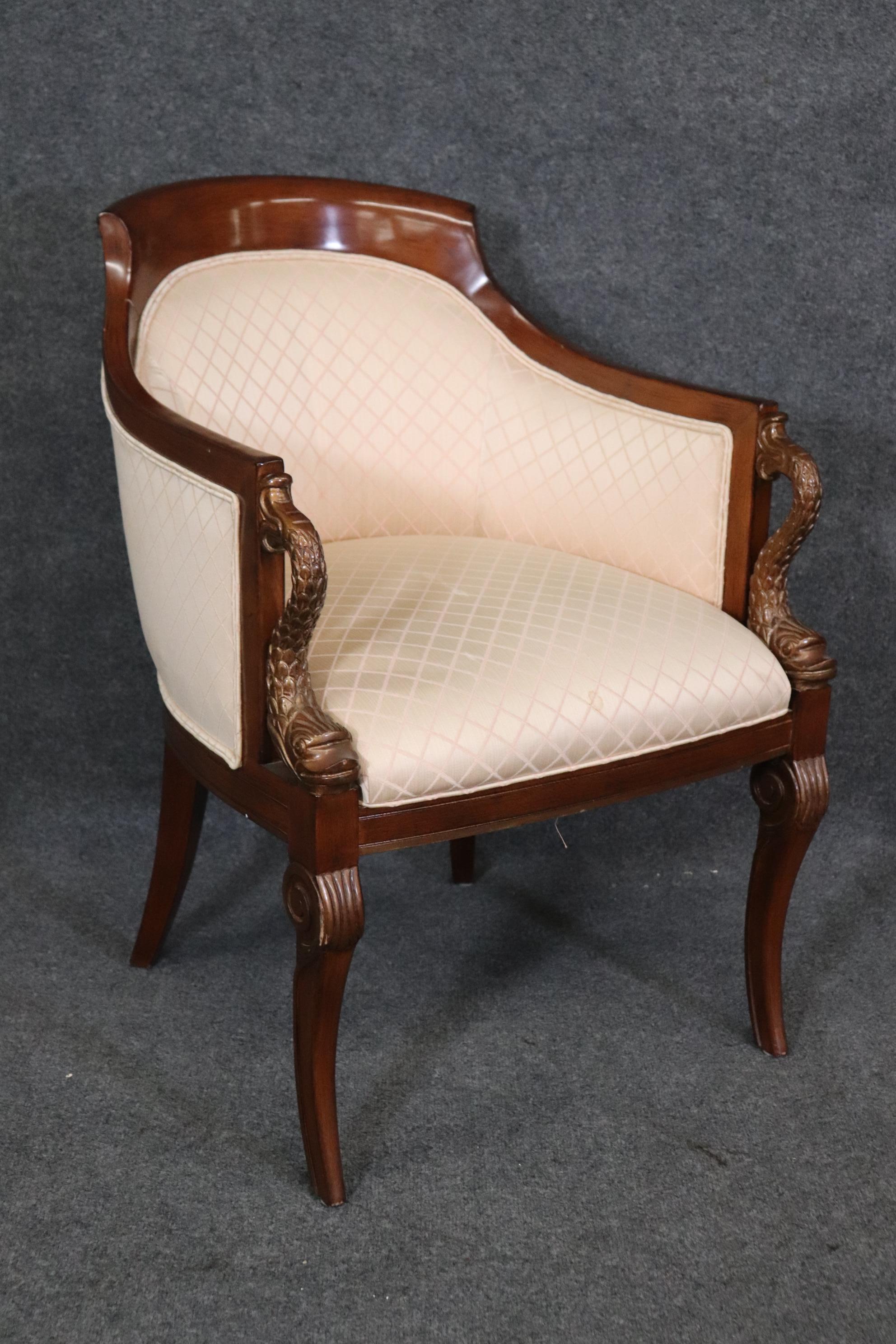 Pair of French Directoire Style Carved Dolphin Mahogany Club Chairs Circa 1970 For Sale 1