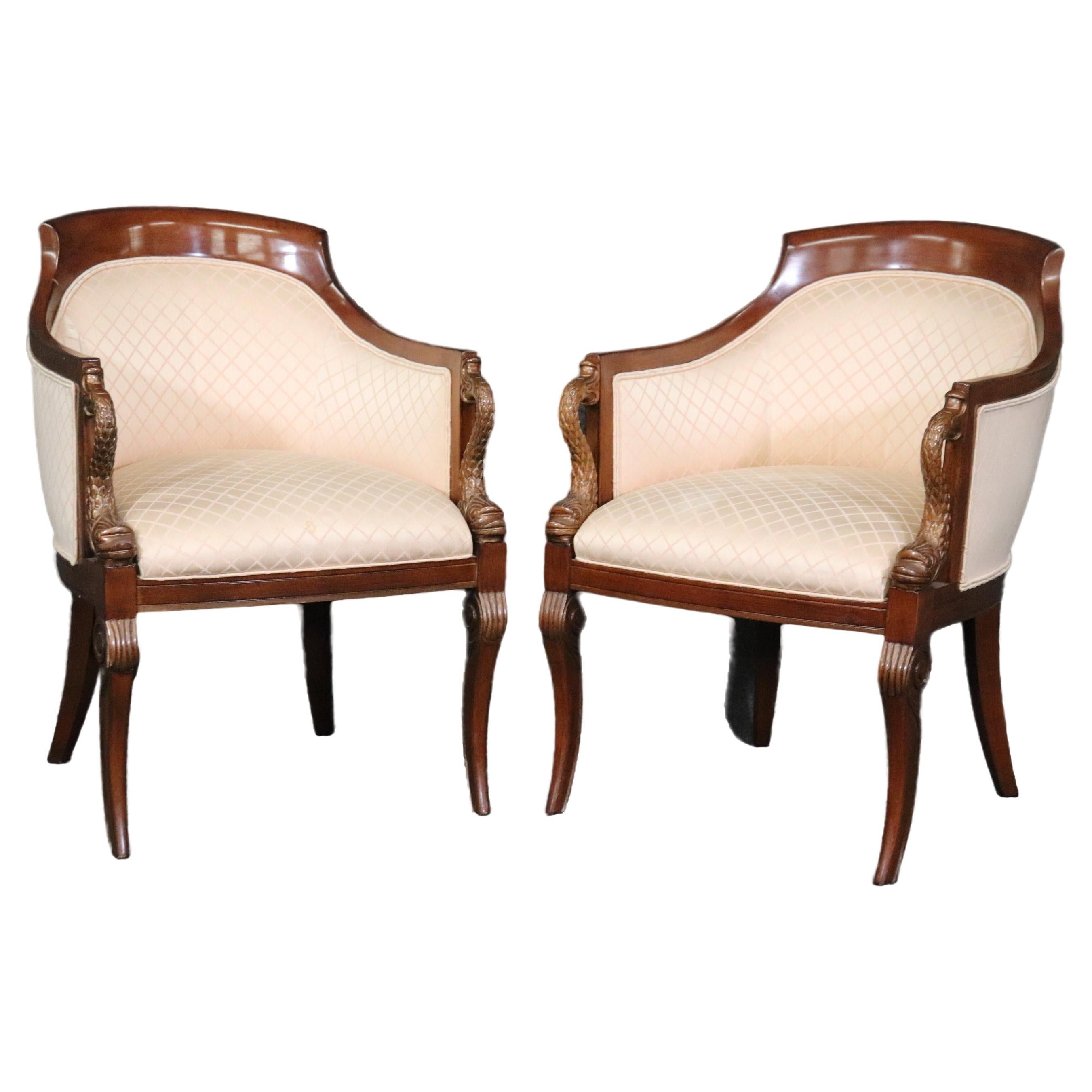 Pair of French Directoire Style Carved Dolphin Mahogany Club Chairs Circa 1970 For Sale