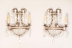Pair of French Directoire Style Crystal Two-Light Sconces with Rosette Motifs