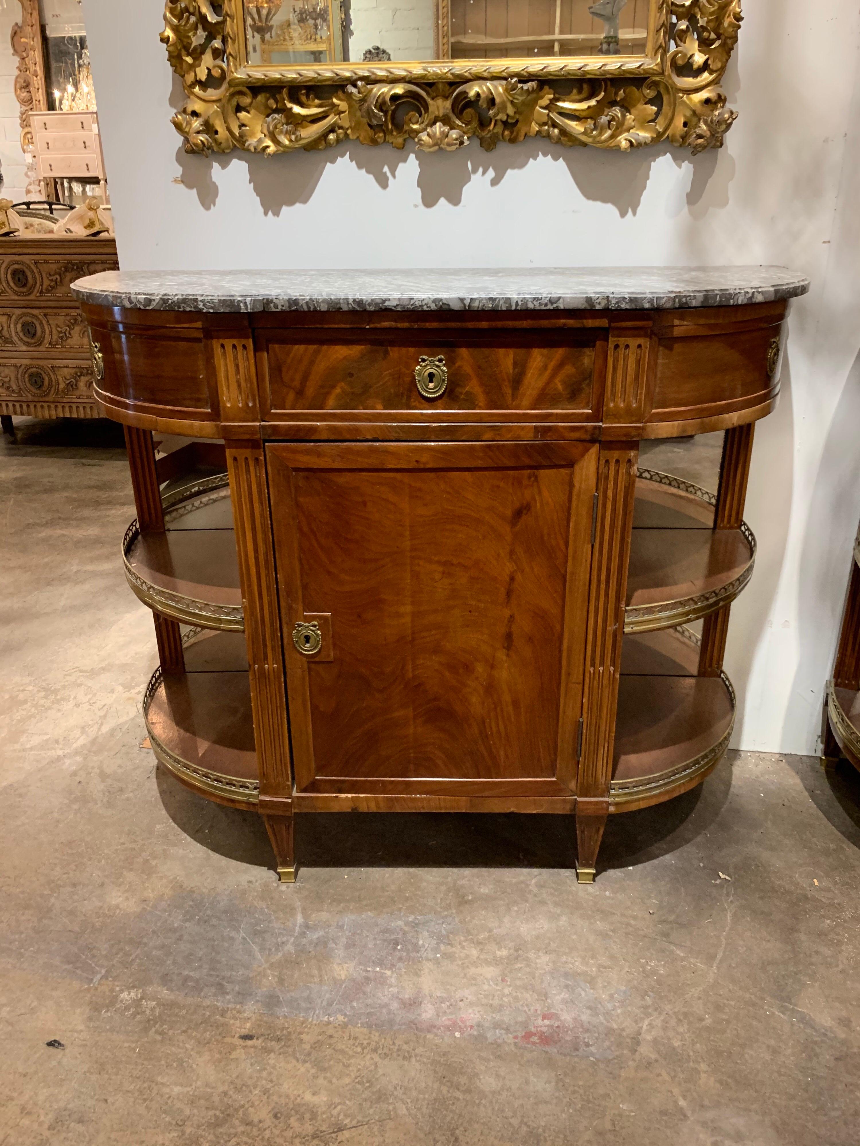 Pair of French Directoire Style Mahogany Servers with Marble Tops In Good Condition For Sale In Dallas, TX