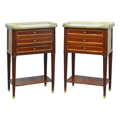 Pair of French Directoire Style Marble-Top Three Drawer Commodes or End Tables