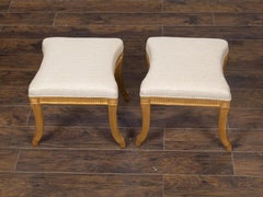 Pair of French Directoire Style Midcentury Giltwood Stools with New Upholstery