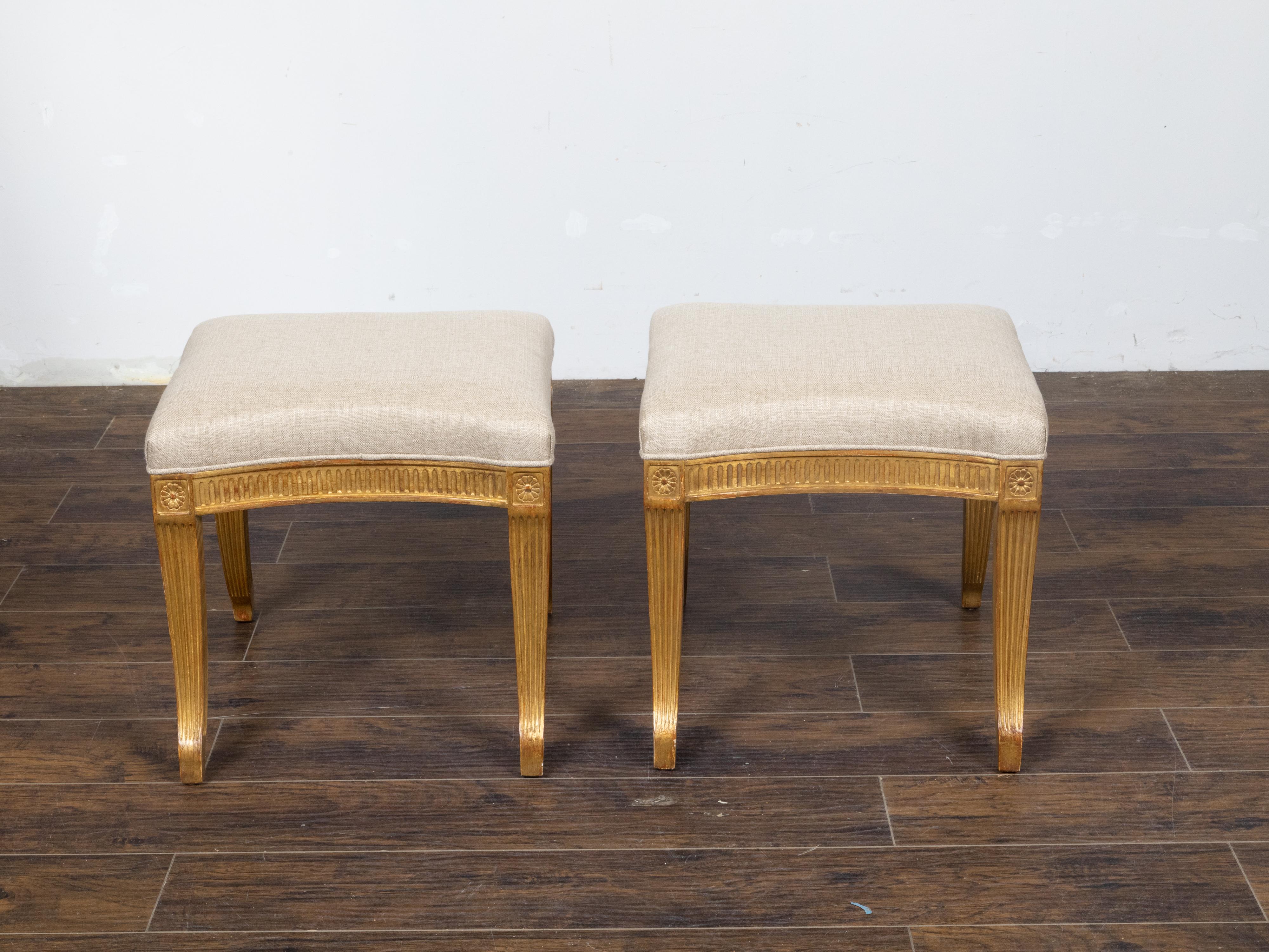 Carved Pair of French Directoire Style Midcentury Giltwood Stools with New Upholstery For Sale