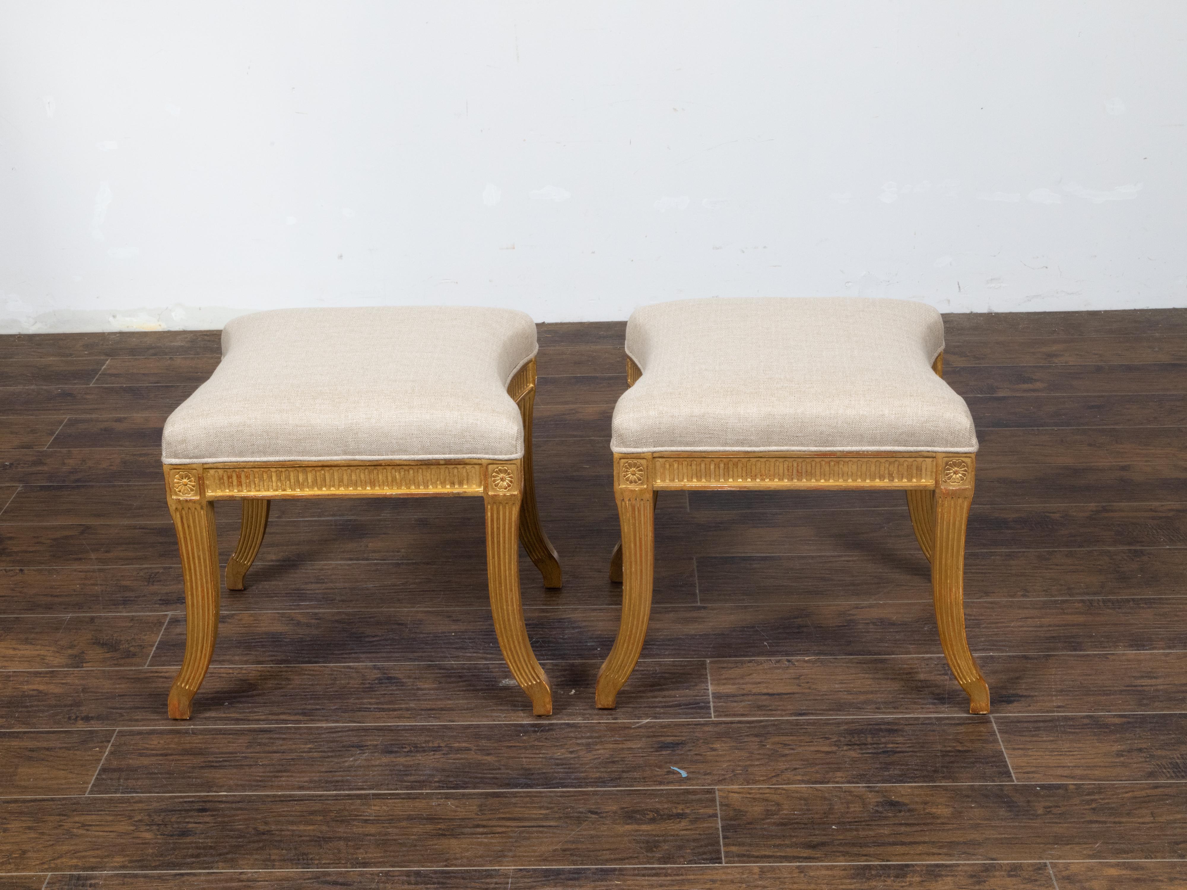 Pair of French Directoire Style Midcentury Giltwood Stools with New Upholstery In Good Condition For Sale In Atlanta, GA