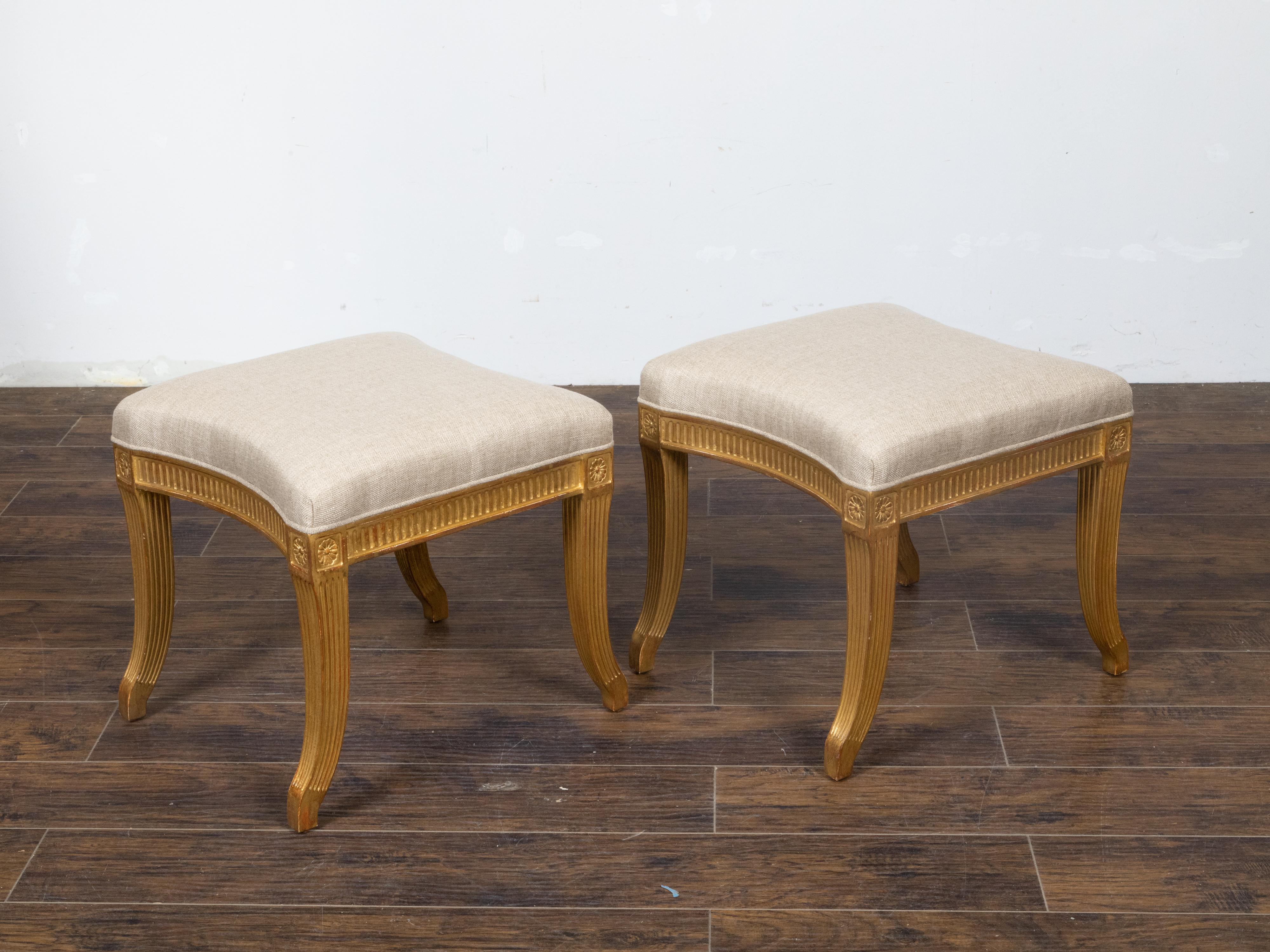 20th Century Pair of French Directoire Style Midcentury Giltwood Stools with New Upholstery For Sale