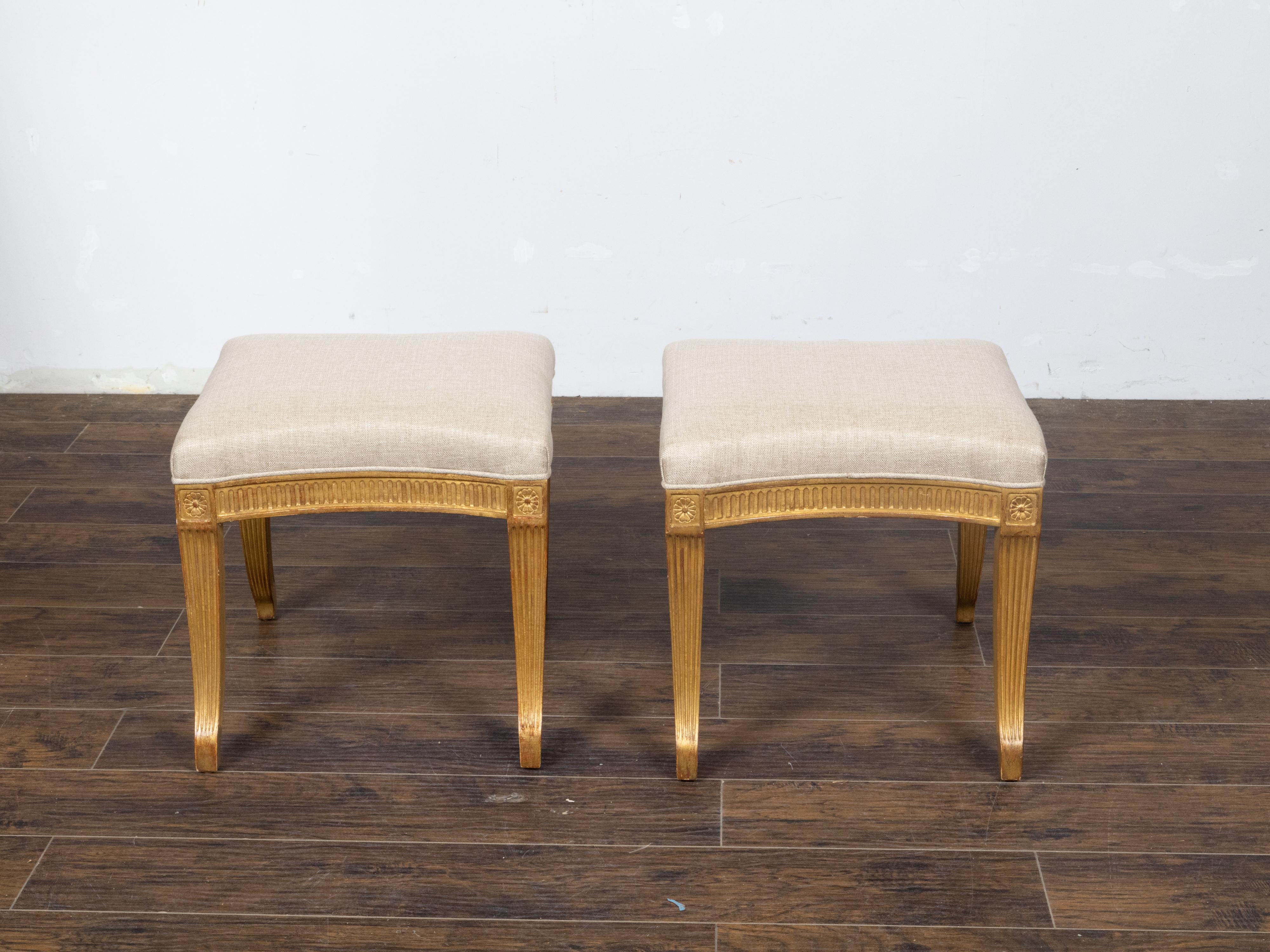 Linen Pair of French Directoire Style Midcentury Giltwood Stools with New Upholstery For Sale