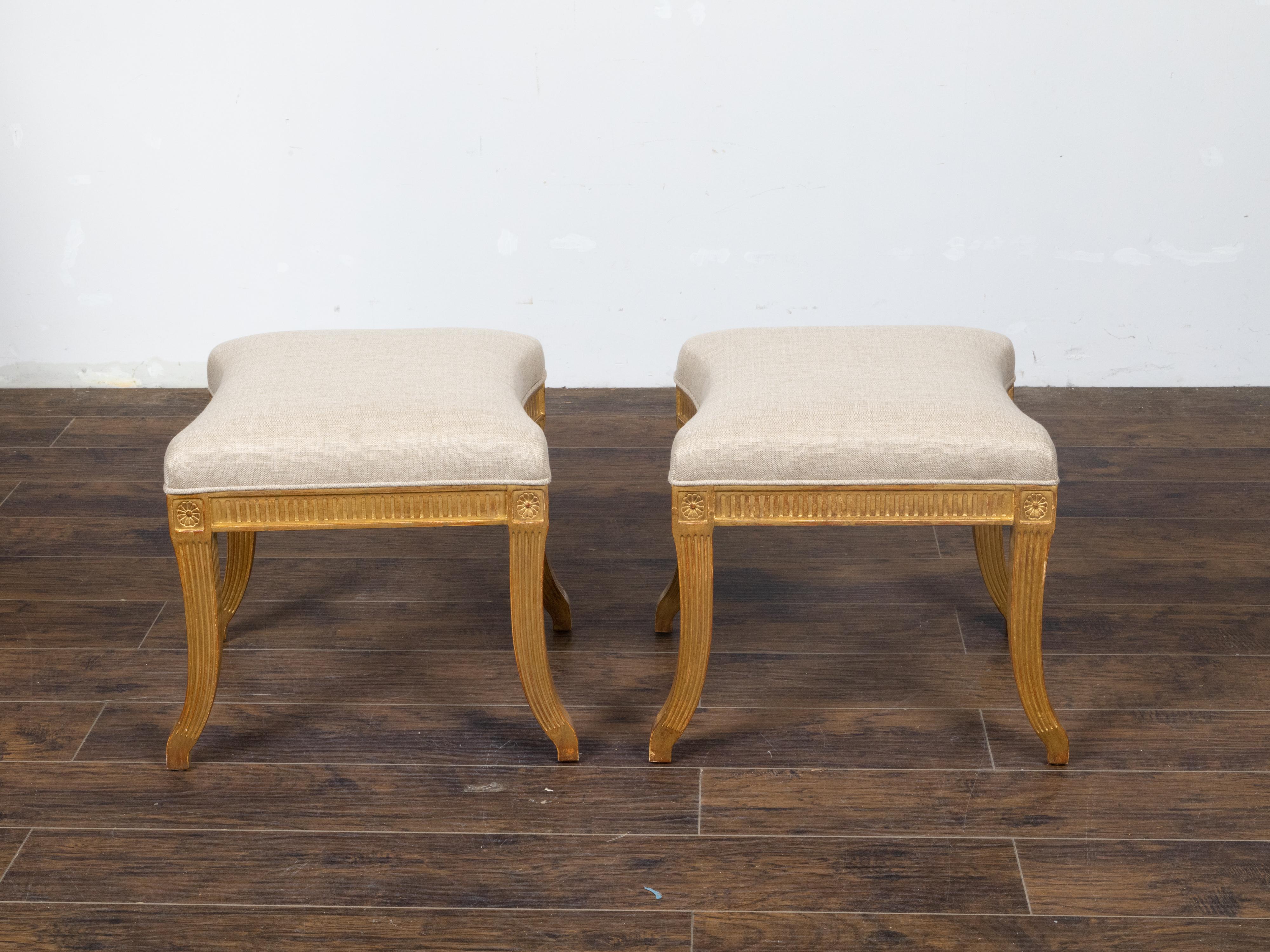 Pair of French Directoire Style Midcentury Giltwood Stools with New Upholstery For Sale 1