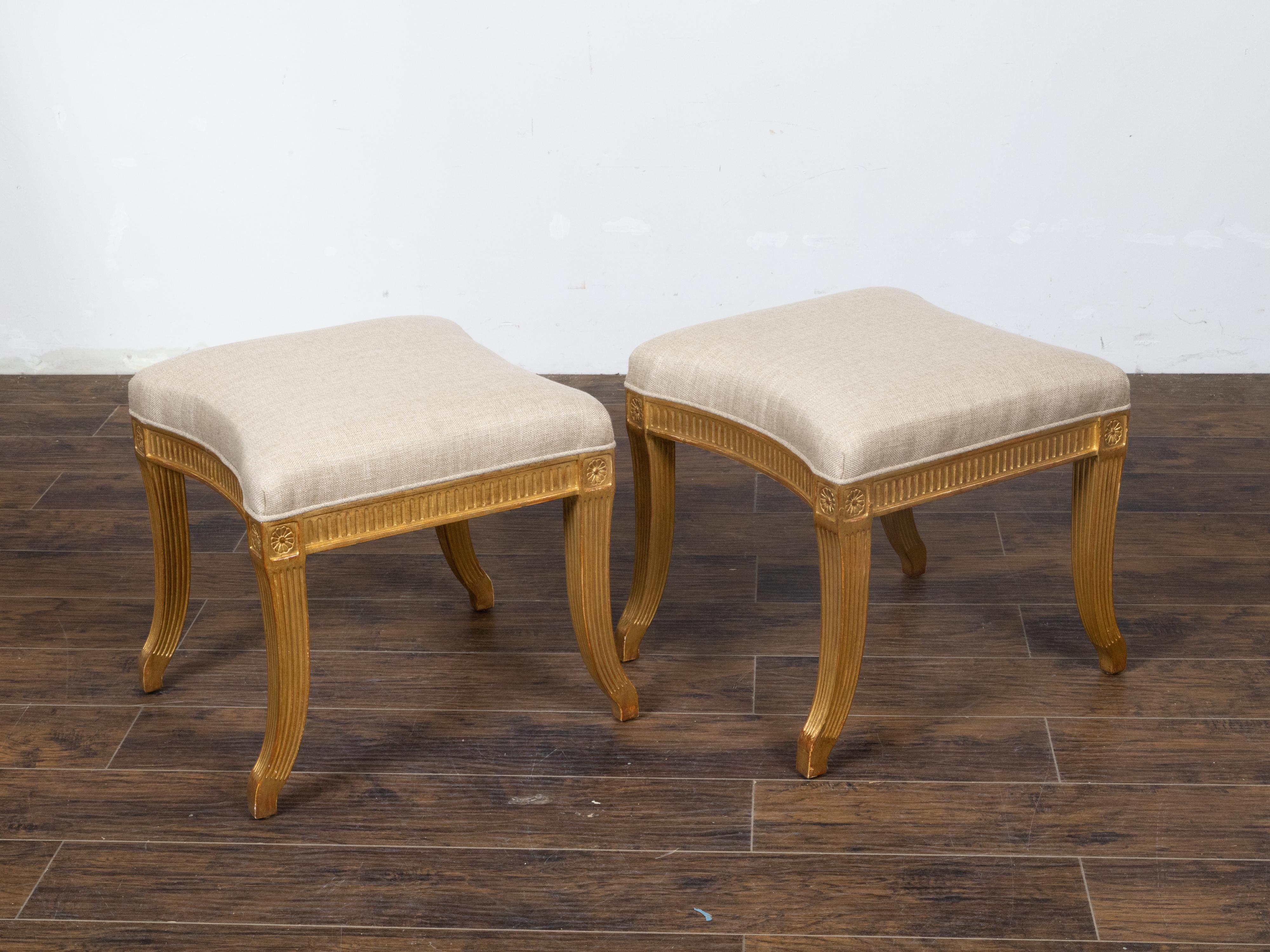 Pair of French Directoire Style Midcentury Giltwood Stools with New Upholstery For Sale 2