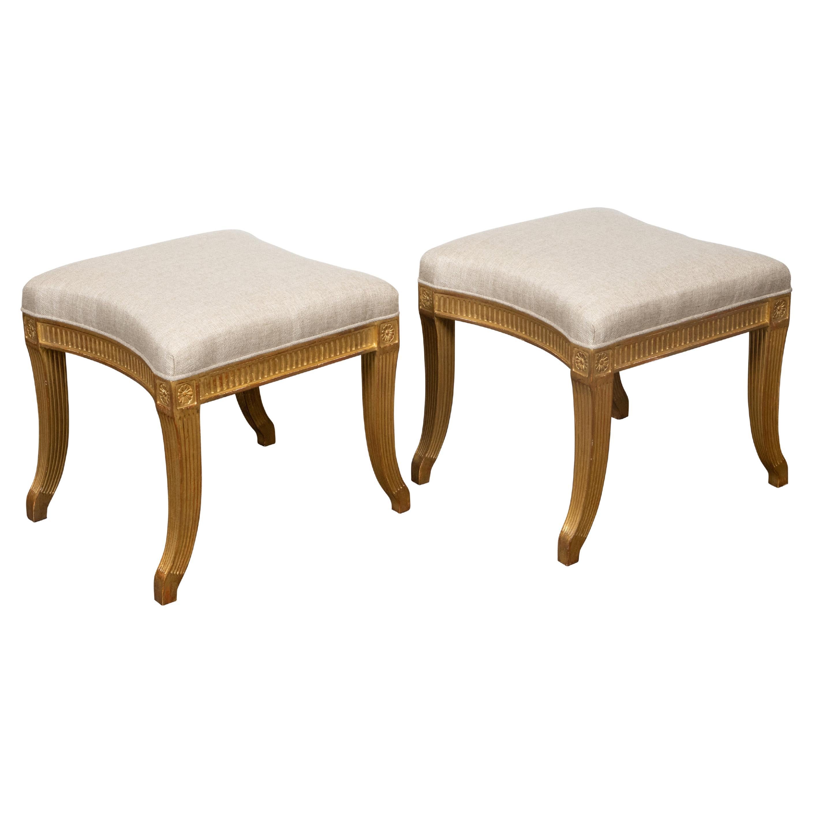 Pair of French Directoire Style Midcentury Giltwood Stools with New Upholstery For Sale